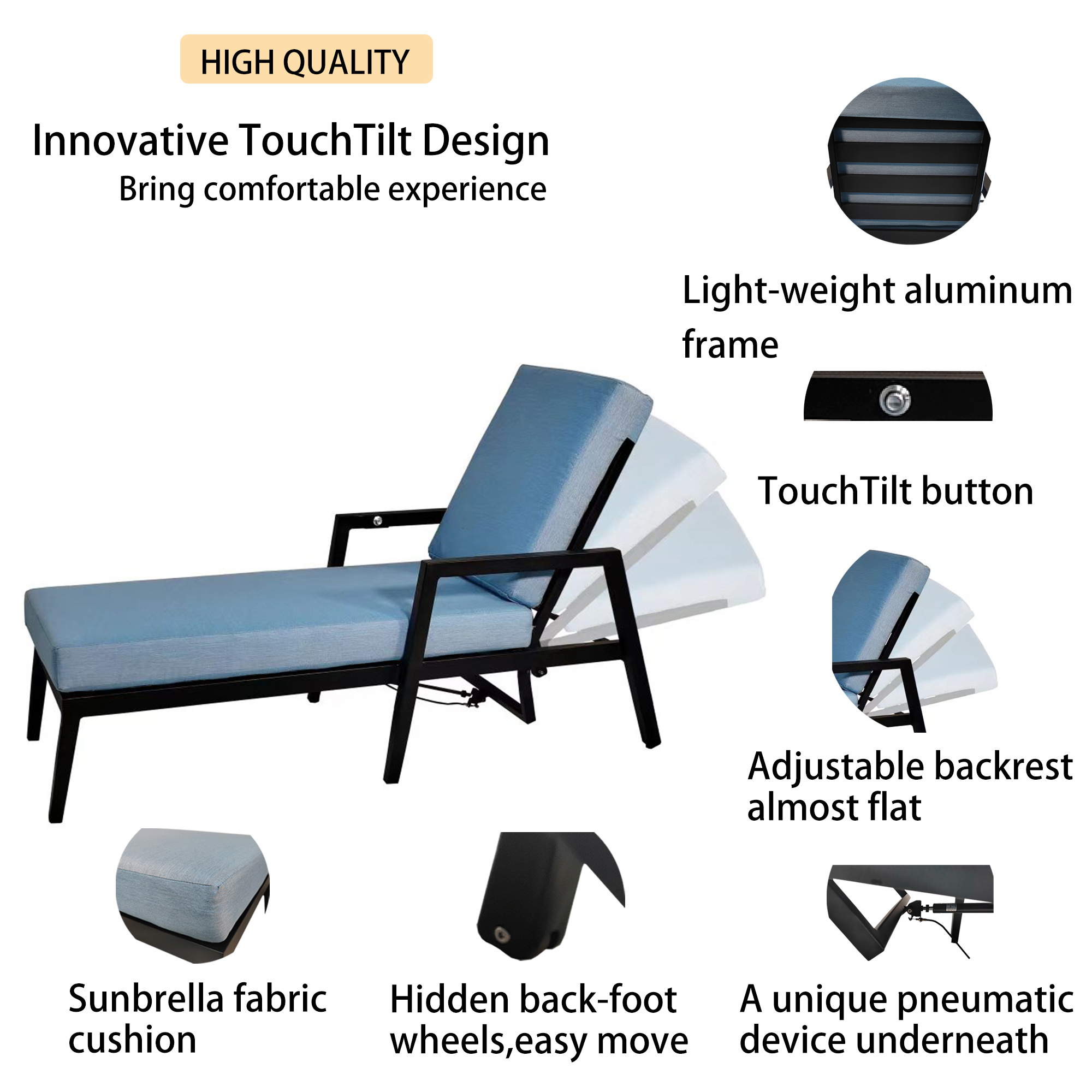 Diagram of chaise lounge features including TouchTilt button and rear wheels