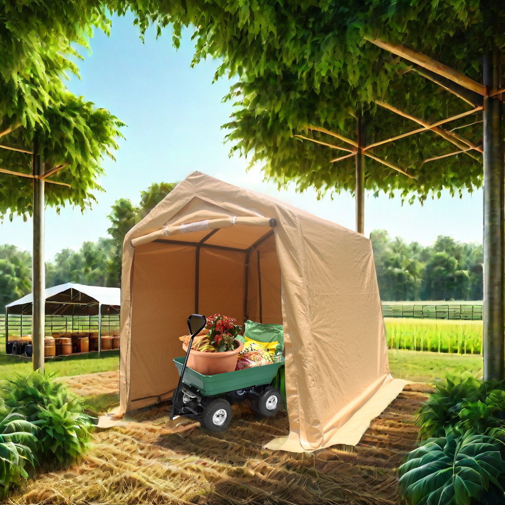 Tan garden shelter with a green wagon loaded and parked inside