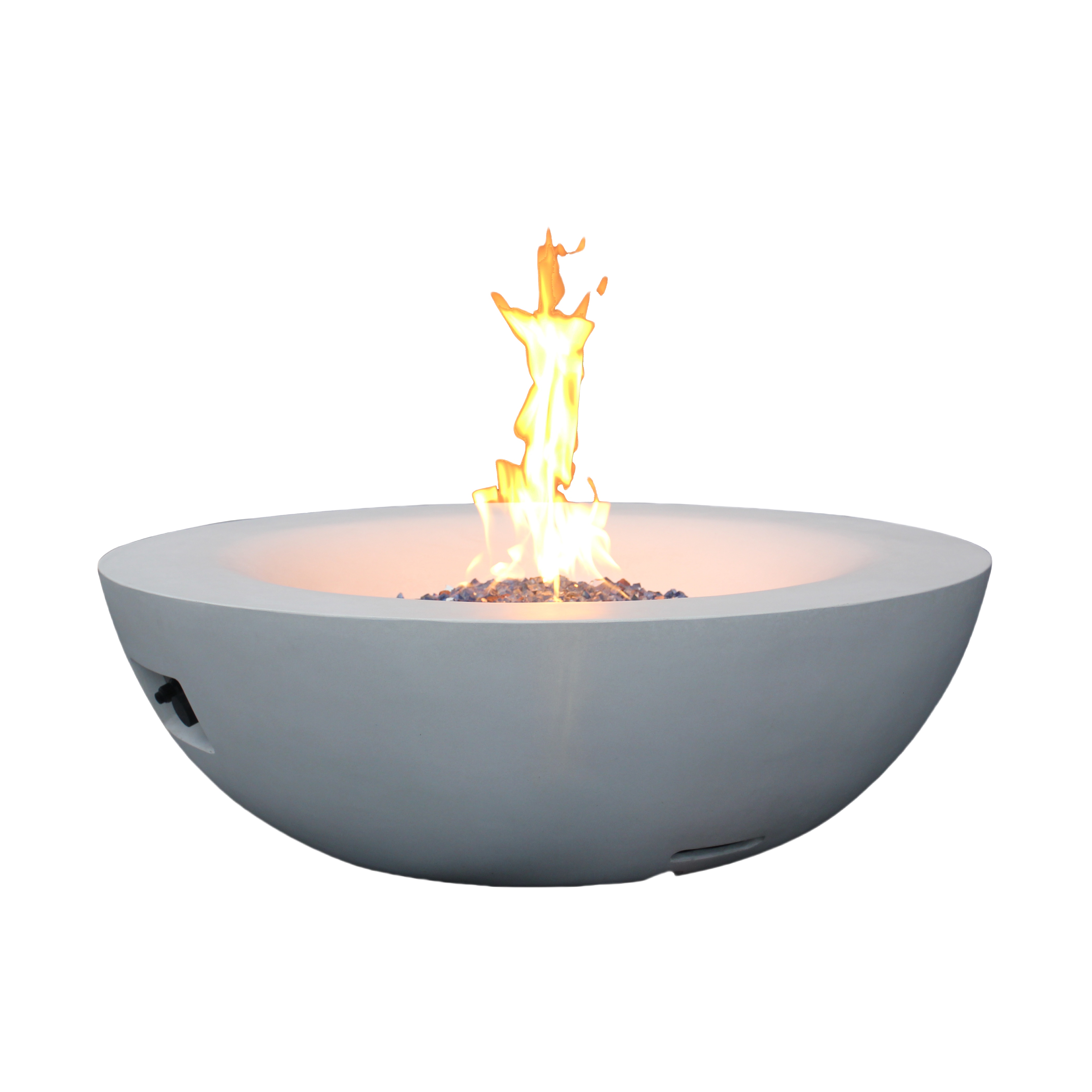 Angled view of concrete fire bowl with flame burning over the burner
