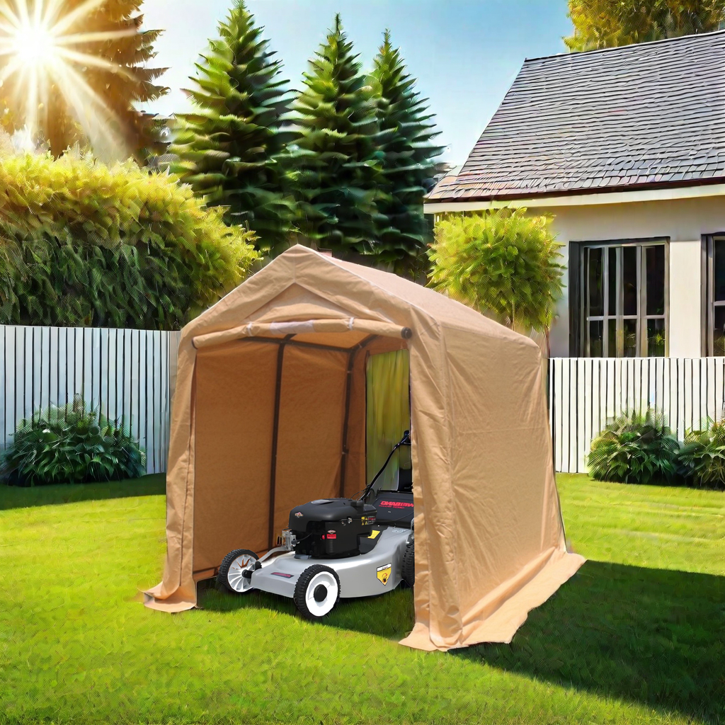 Tan covered shelter with a peak roof and enclosed sides