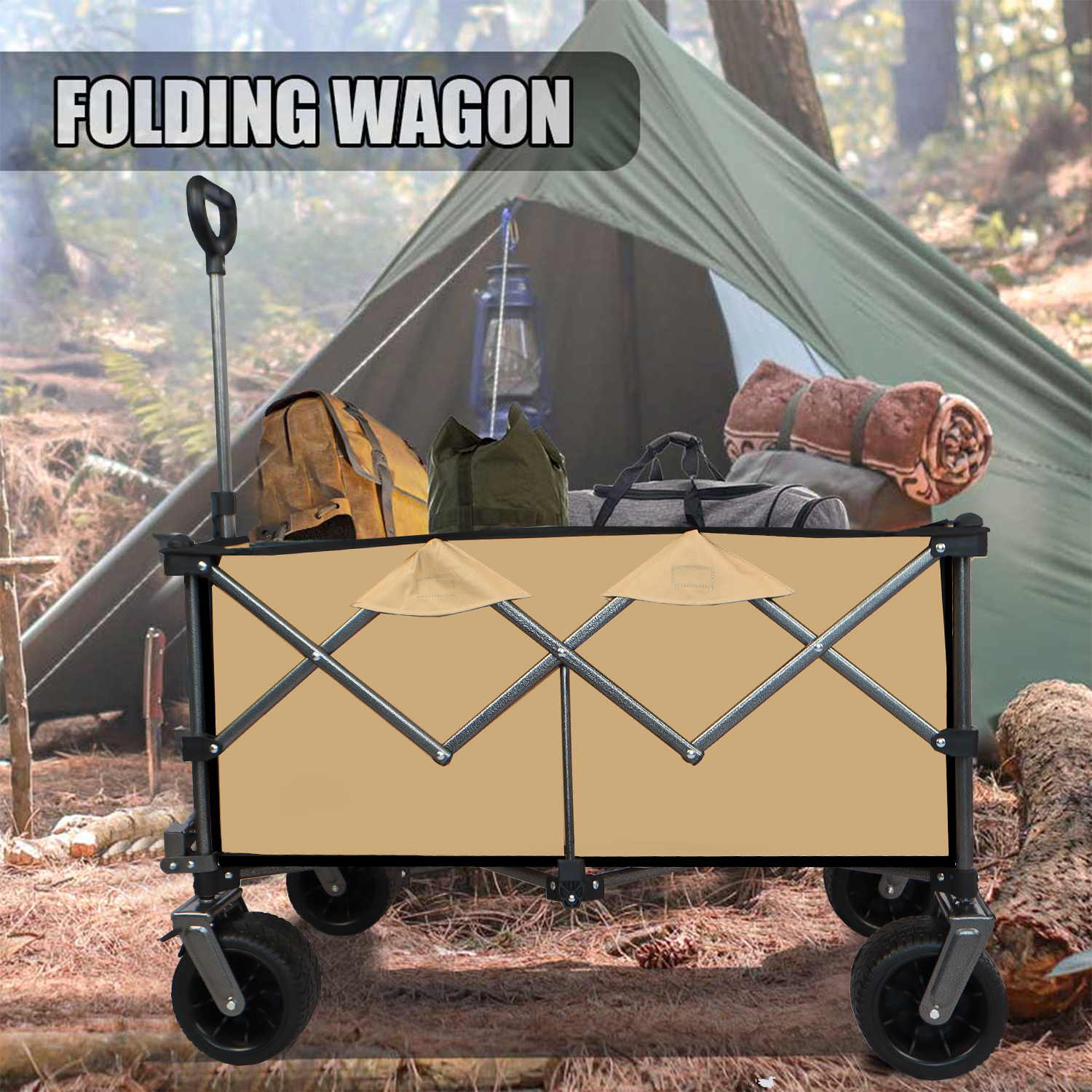 Tan wagon loaded with cooler and bags ready to roll