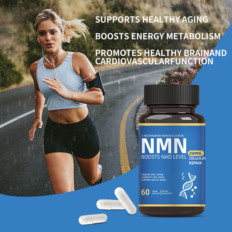 Young athletic woman jogging outdoors in light blue tank top on scenic mountain road with claims overlay: 'Supports Healthy Aging', 'Boosts Energy Metabolism', 'Promotes Healthy Brain and Cardiovascular Function'