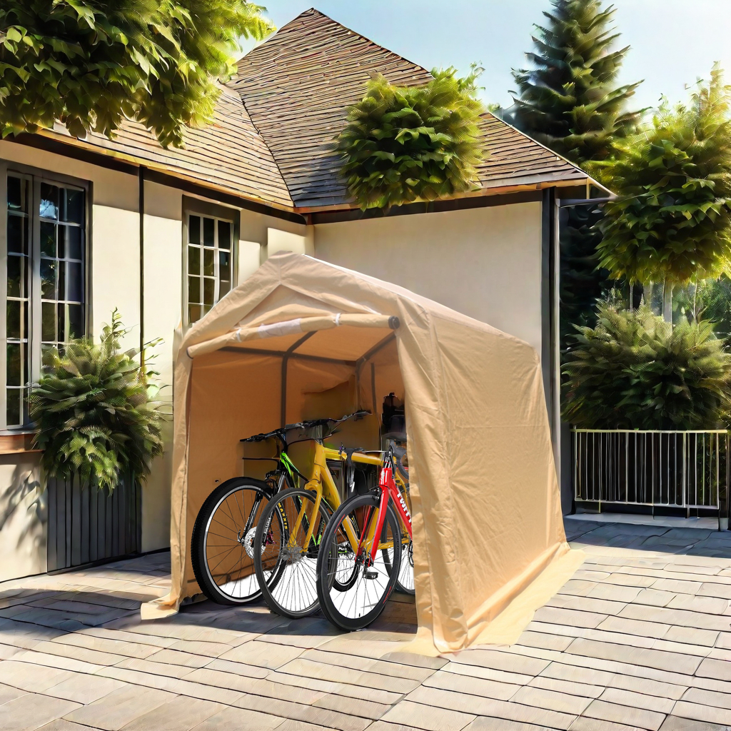 Beige portable shelter on a patio with three bicycles parked side by side inside