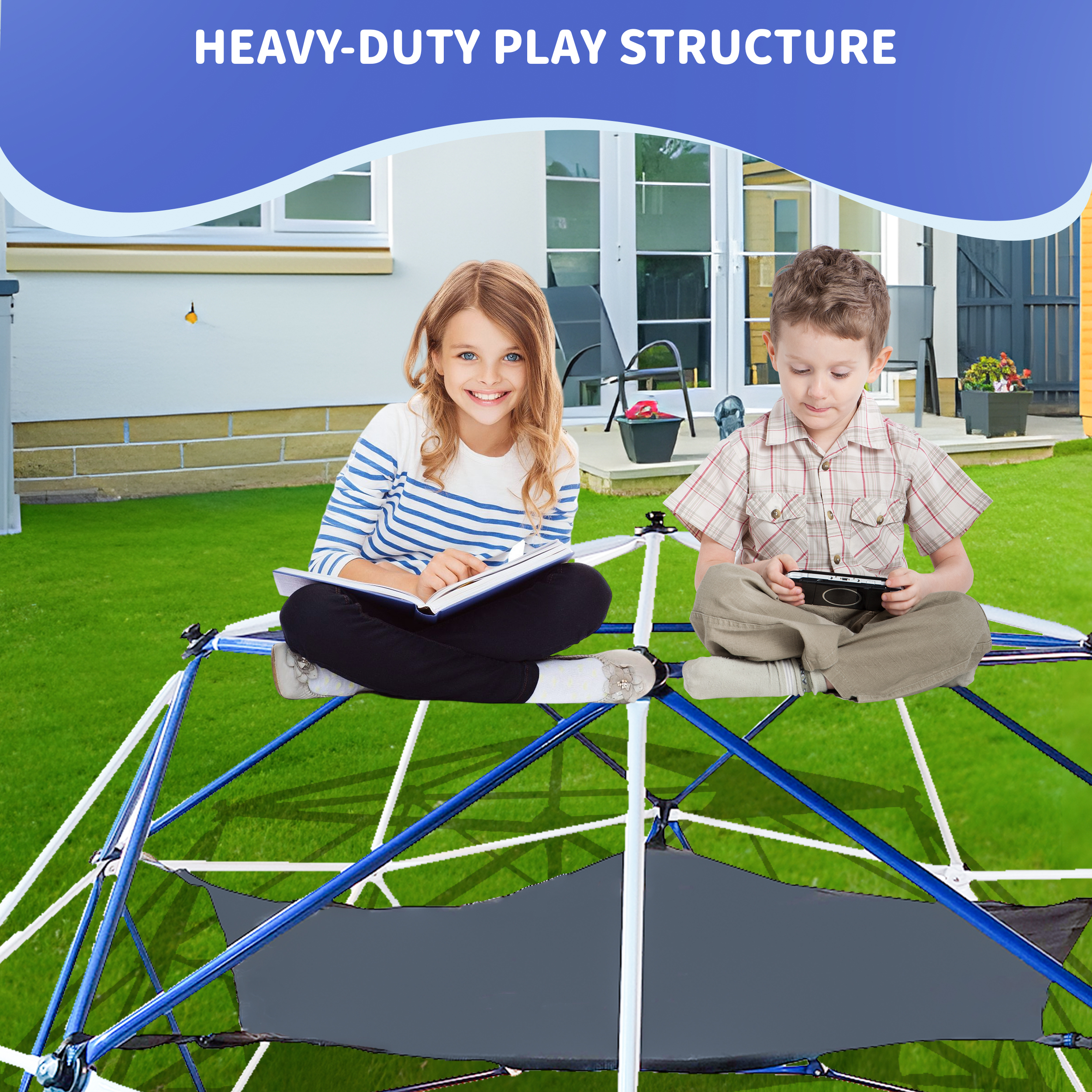 Kids climbing the outdoor dome frame on a sunny lawn