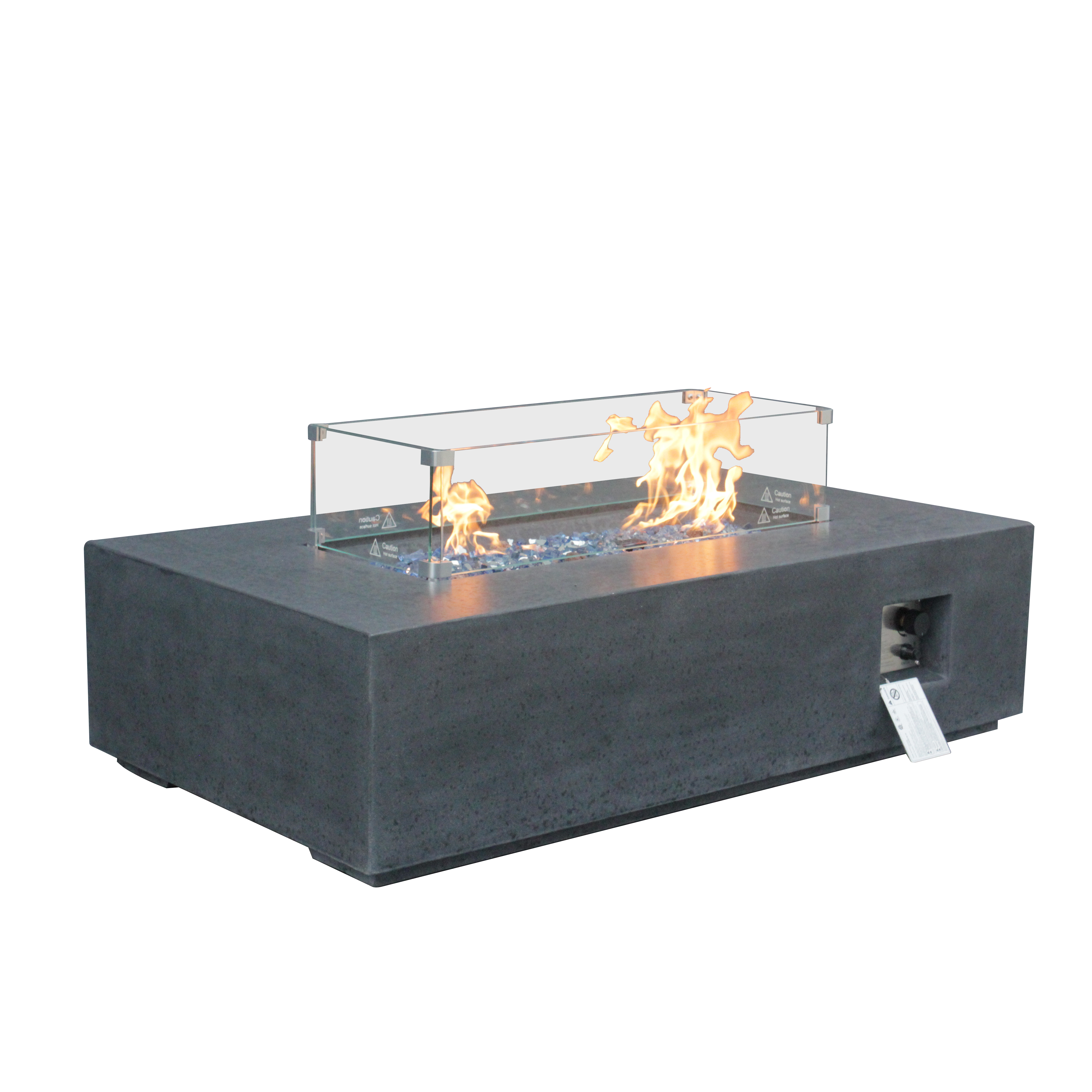 Side view of a dark gray concrete-look fire pit on a patio
