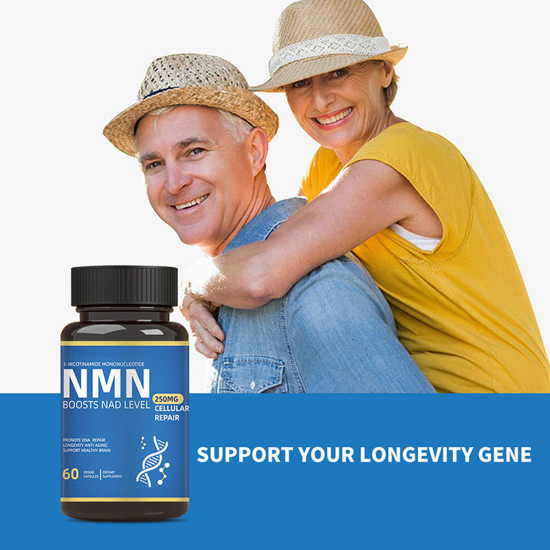 Active older couple in summer hats smiling together, man on left in tan hat, woman behind in yellow shirt and white hat, with product bottle and tagline 'Support Your Longevity Gene'