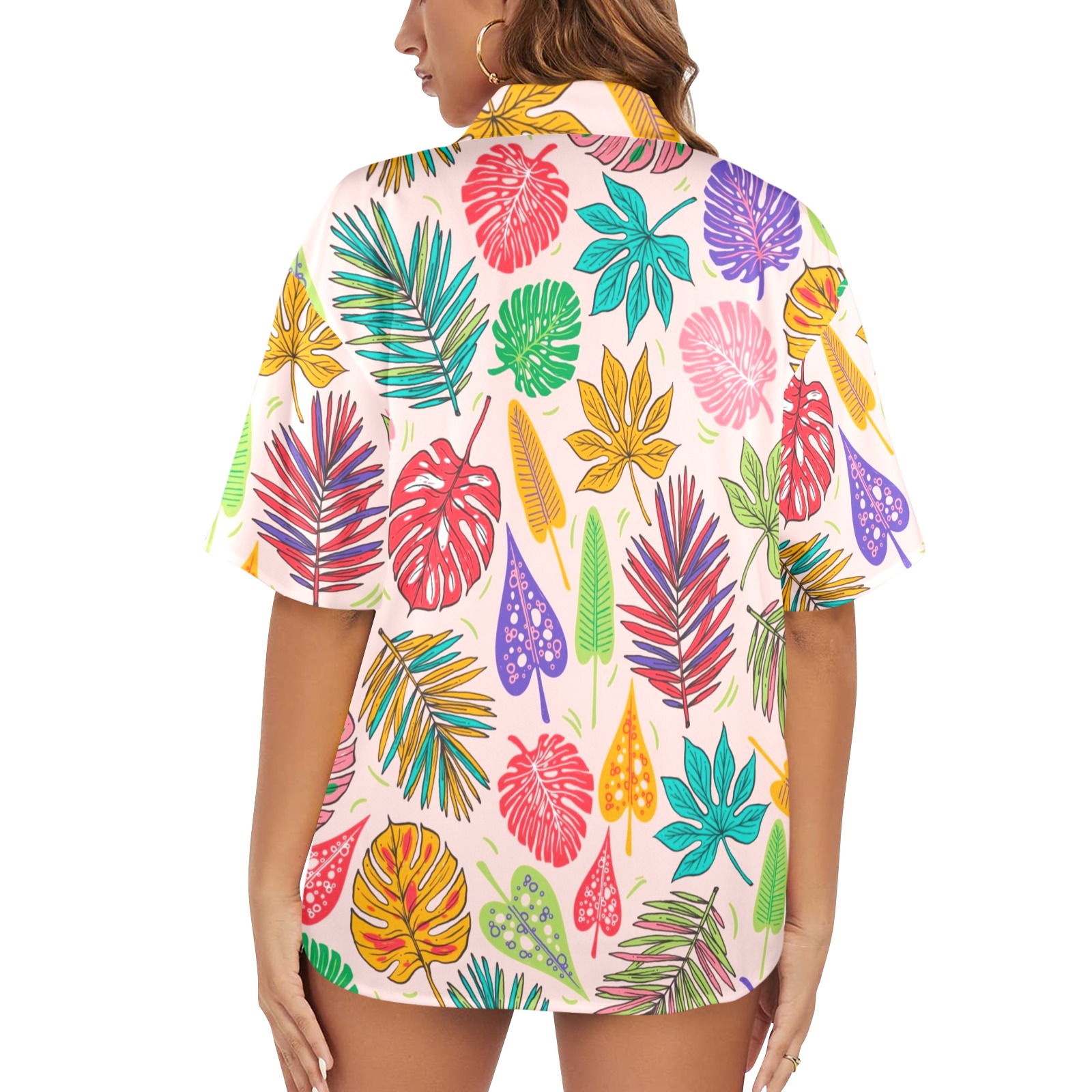 Women's All Over Print Hawaiian Shirt with colorful leaf pattern - Loose fit