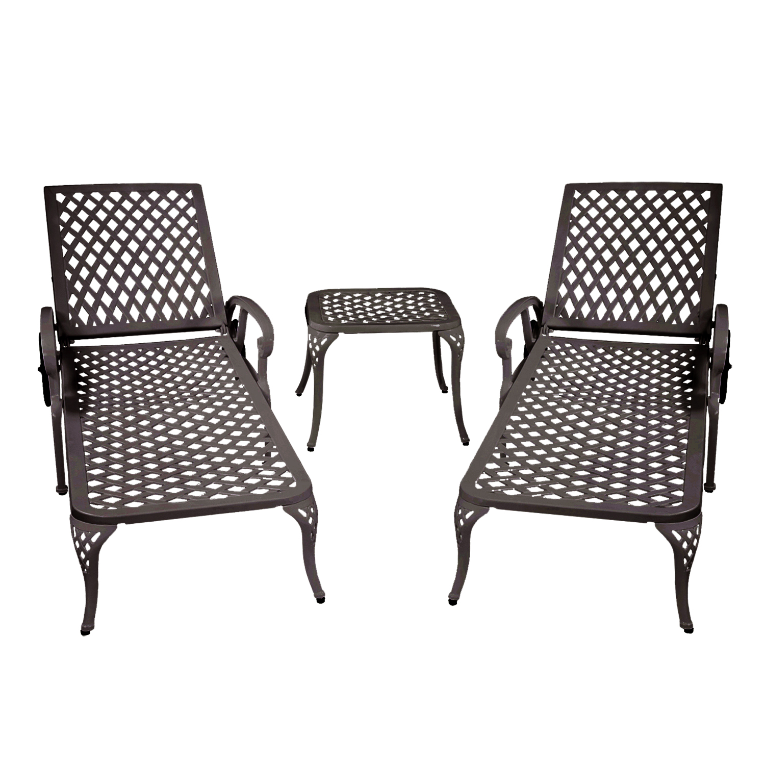 Two brown cast aluminium loungers and a matching square side table