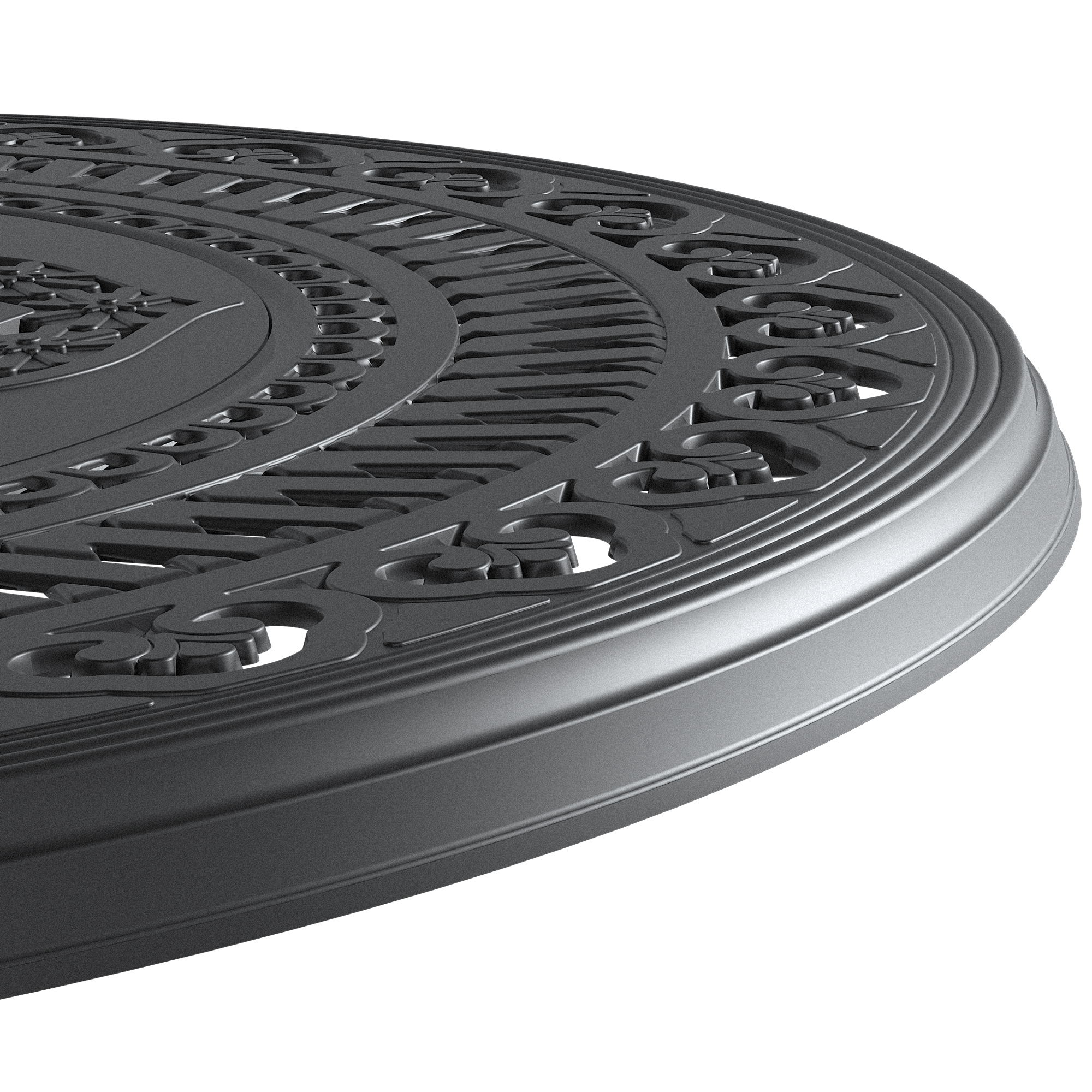 Matte black cast aluminum table edge catching strong afternoon sunlight on a patio