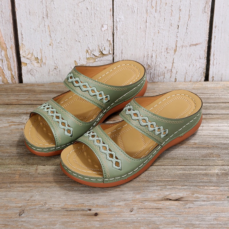 Retro car line anti slip round toe sloping heel comfortable one line sandals for women image 3