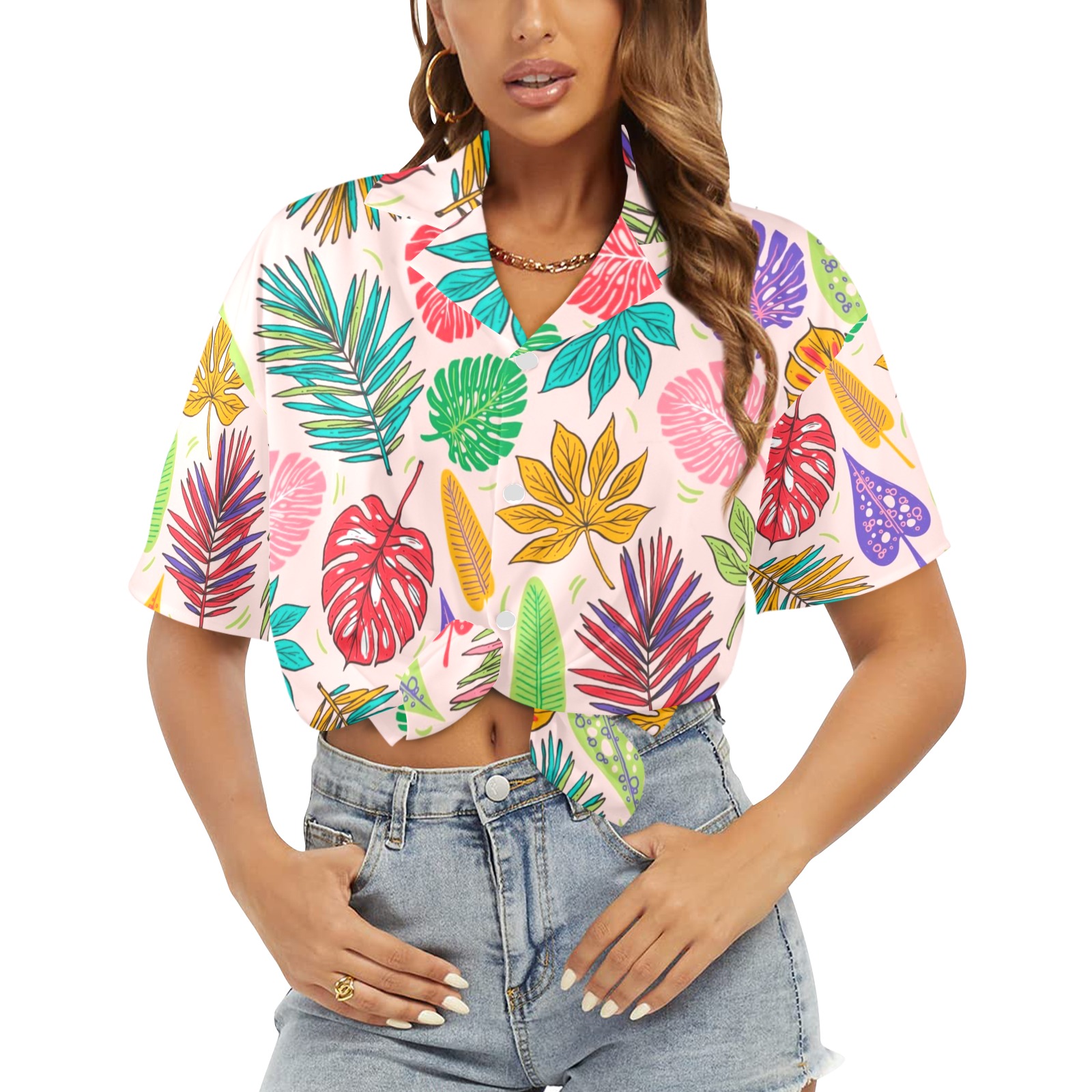 Women's Hawaiian shirt with colorful leaf print, loose fit.