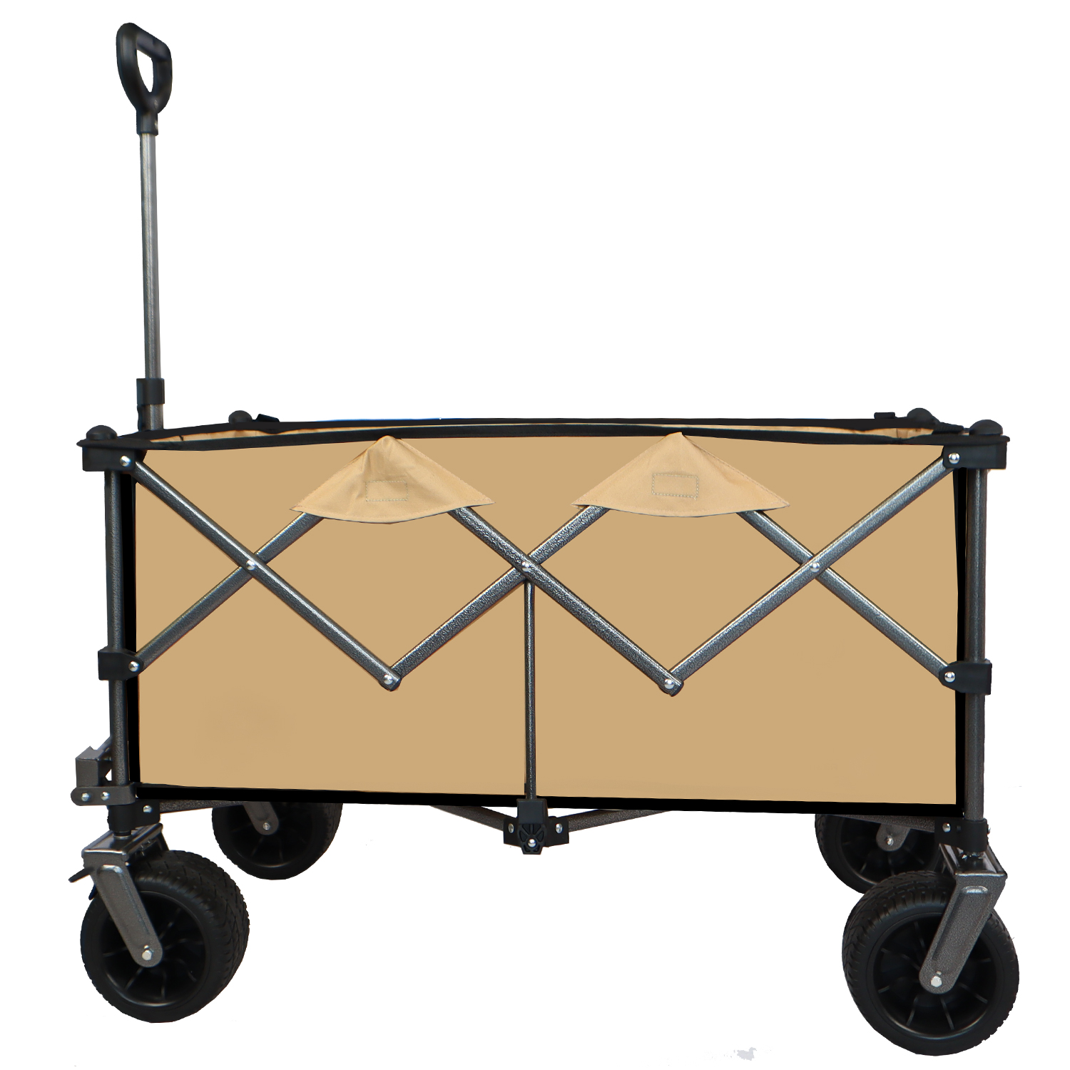 Side profile of tan folding wagon showing scissor steel frame and handle height