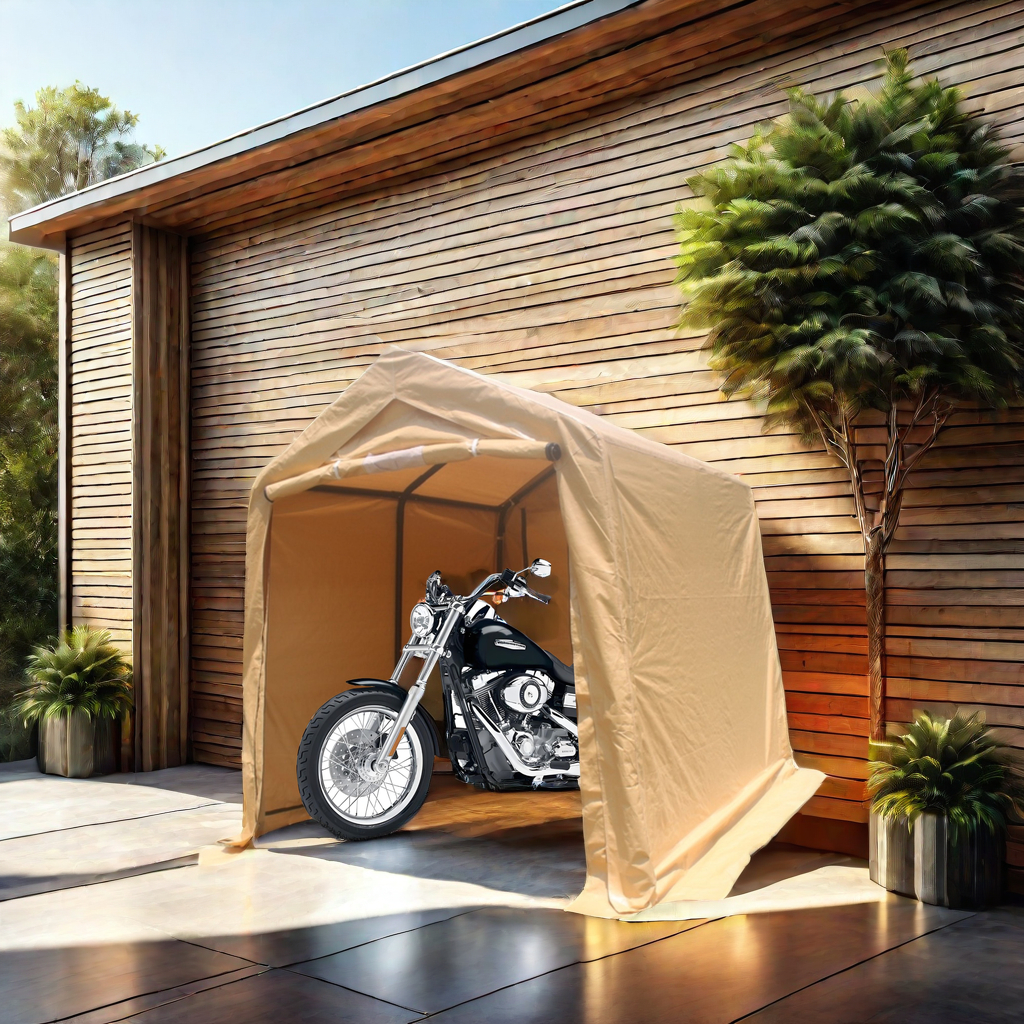 Beige shelter on a patio with a motorcycle parked inside the front opening