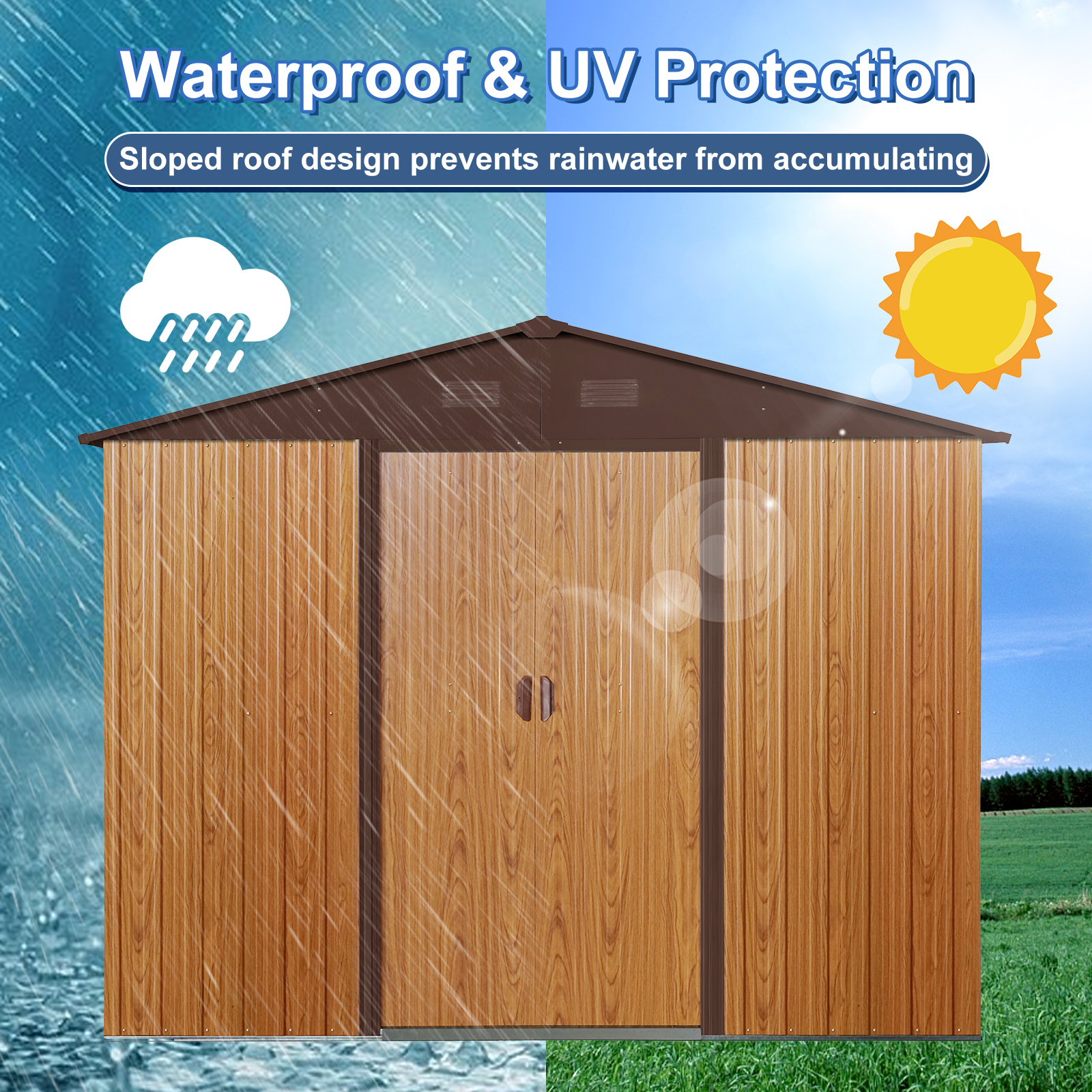 Shed with rain cloud and sun graphics for waterproof and UV protection