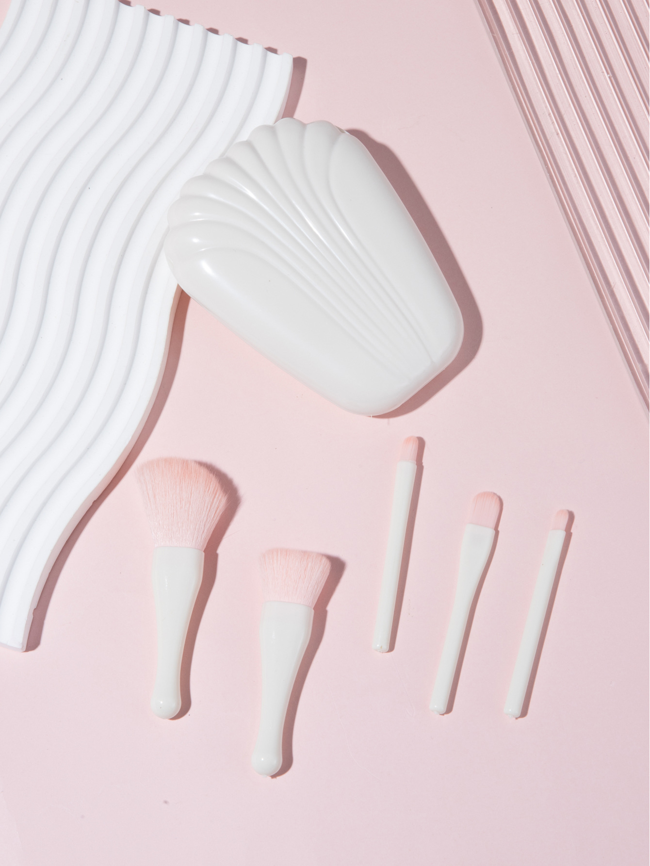 5 shells with mirror powder blusher brush powder brush portable mini combination beauty travel tool