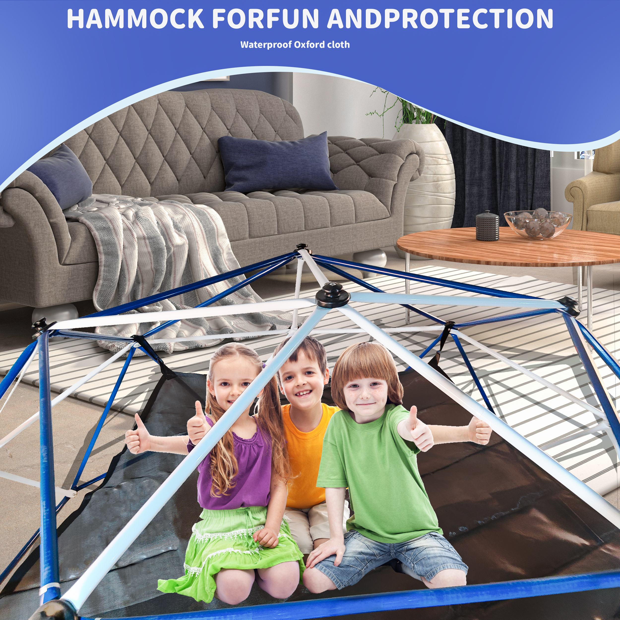 Steel dome climber standing in a bright backyard with kids