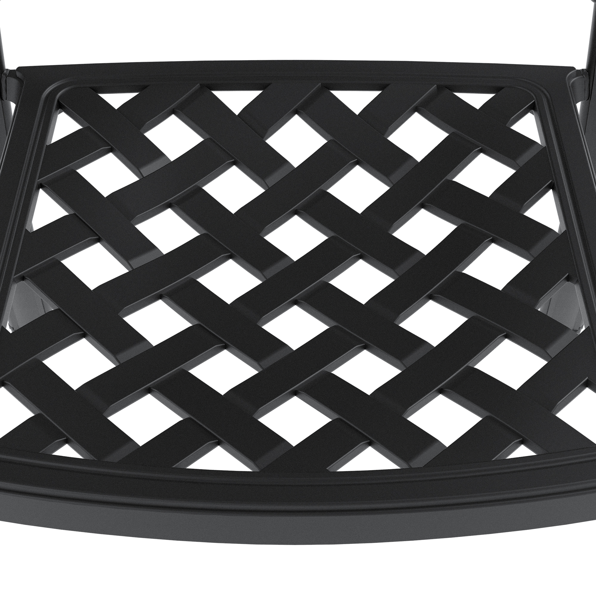 Close-up of the diagonal lattice woven seat of a black cast aluminum chair
