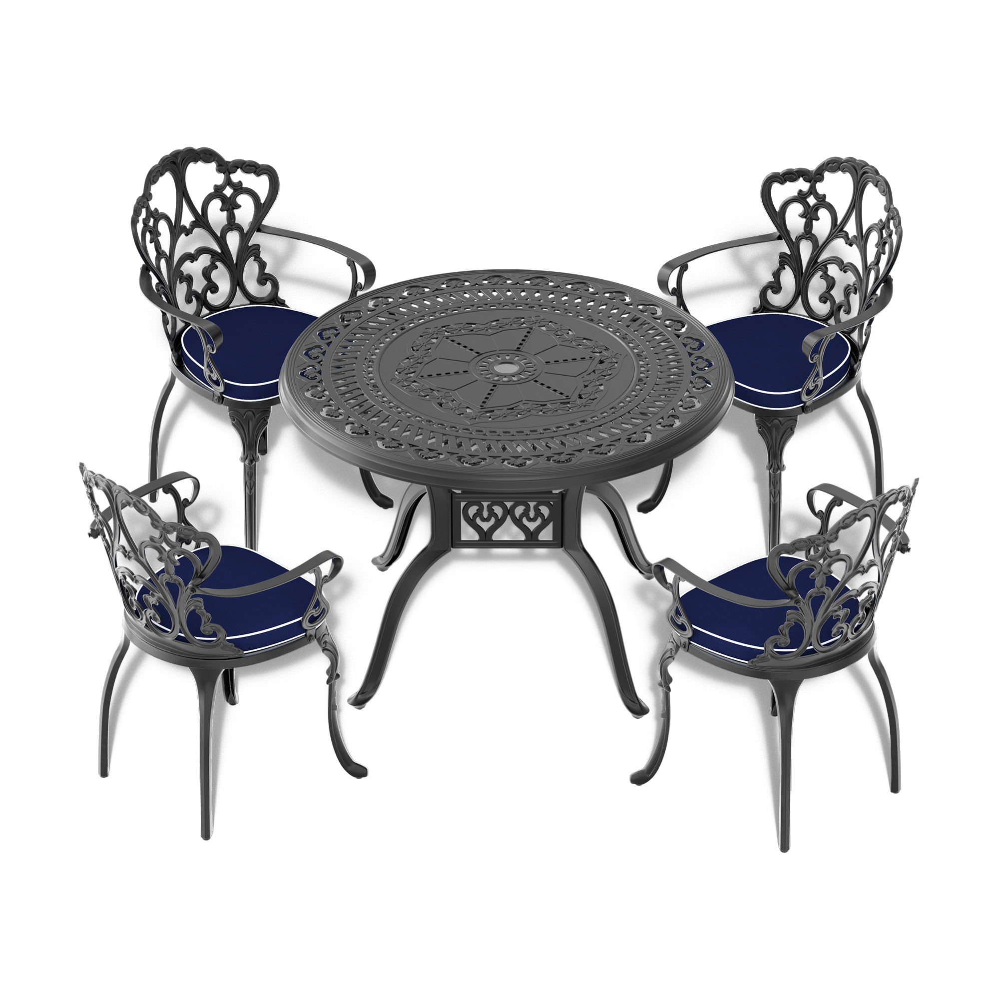 Black cast aluminum patio table set up for an outdoor meal