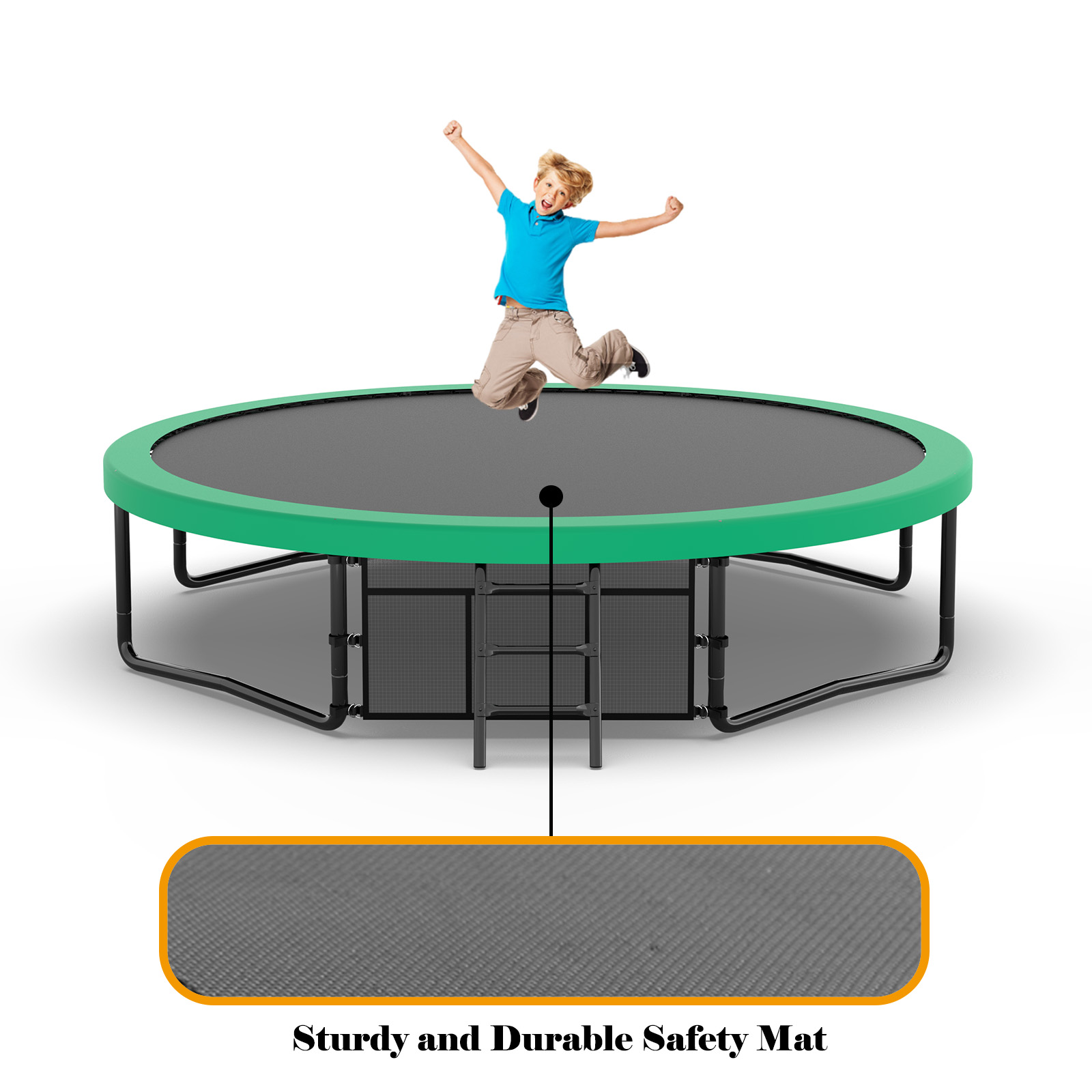 Child jumping on a mint-green trampoline mat in a bright backyard