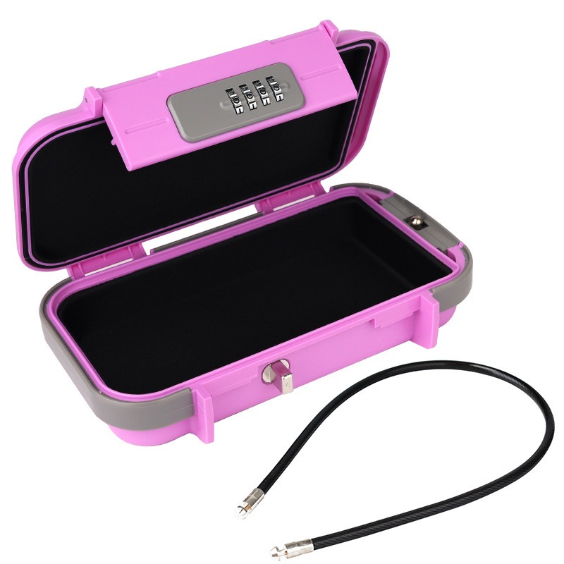 Pink valuables box with grey trim and steel cable detached from the lid