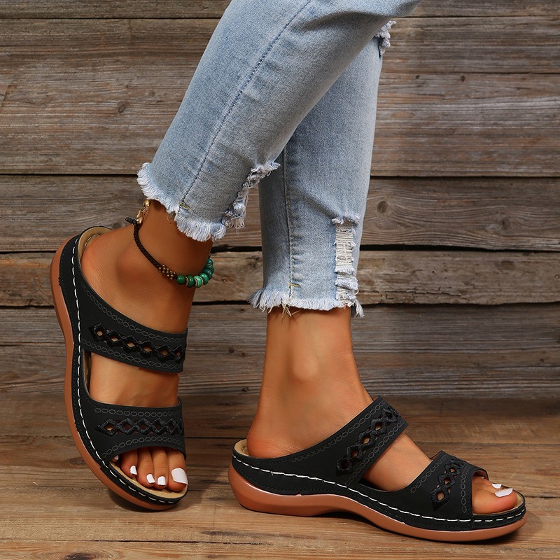 Retro car line anti slip round toe sloping heel comfortable one line sandals for women image 7