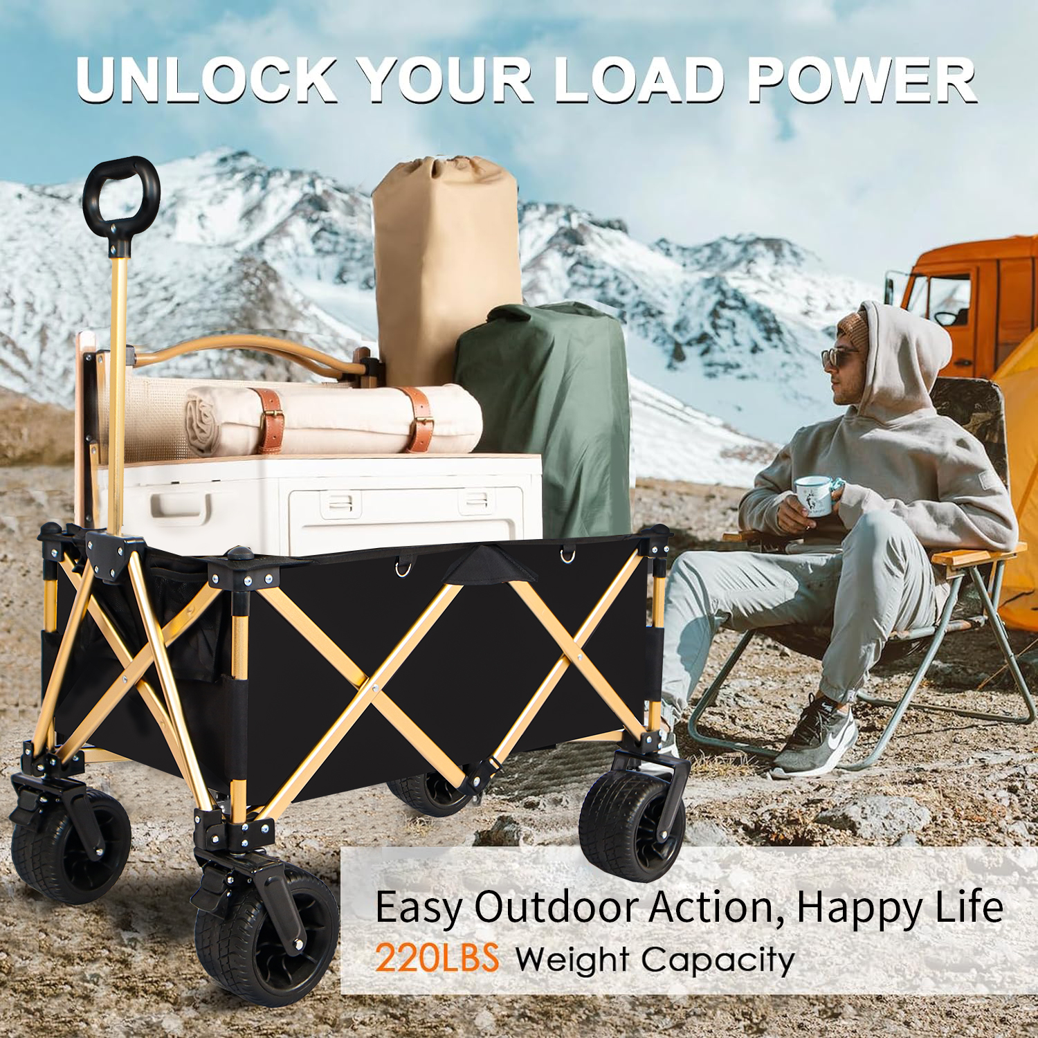 Folding wagon with large wheels rolling across a sunny outdoor path