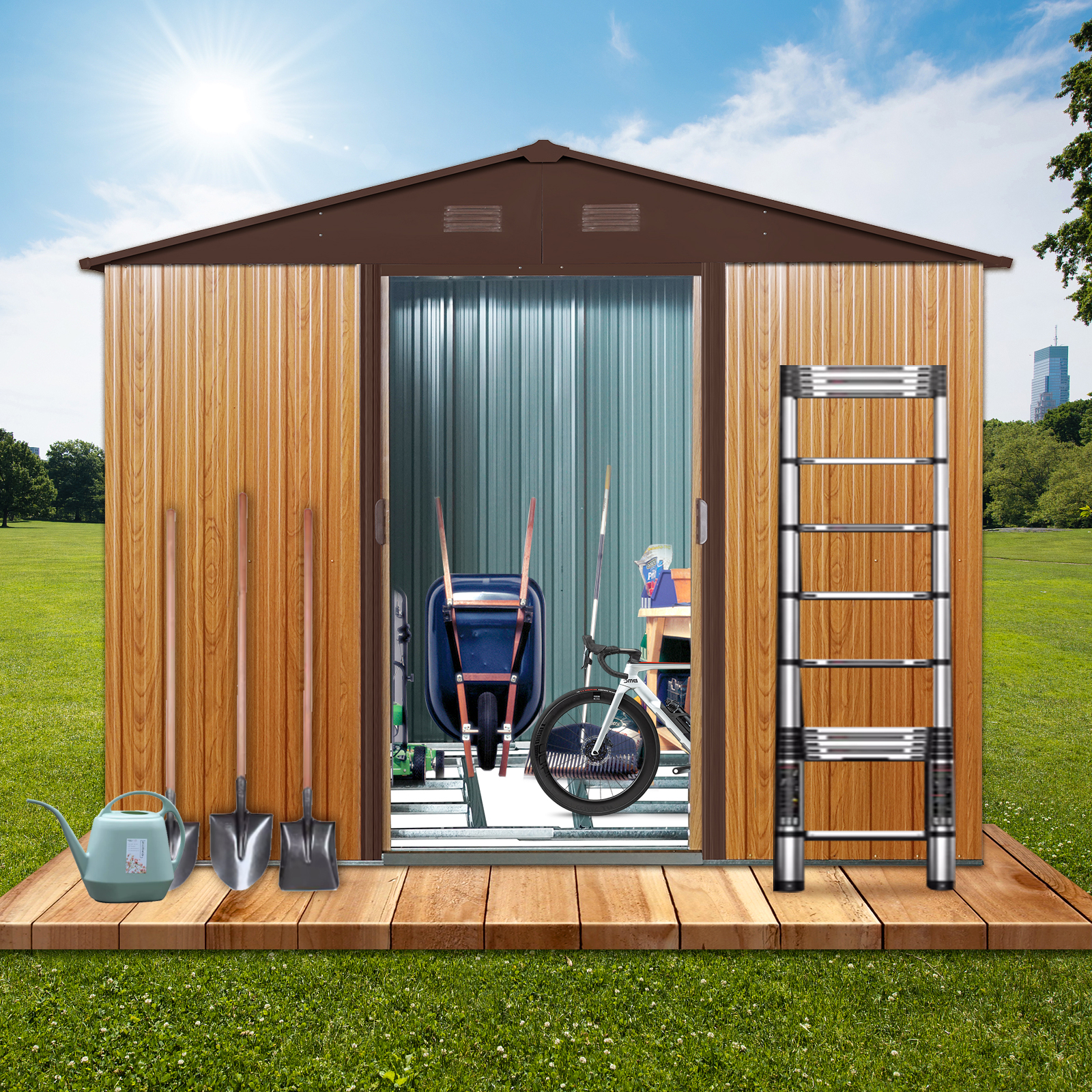Shed interior with garden tools, wheelbarrow, bicycle and ladder stored inside