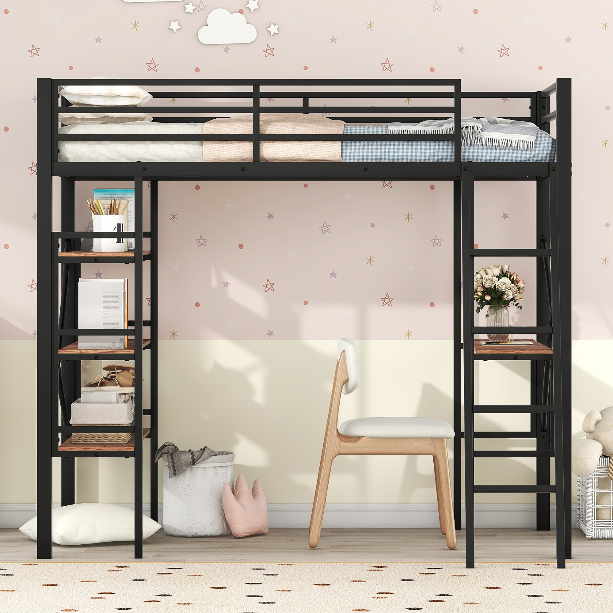 Twin Size Metal Loft Bed with Shelves and Desk, Black dropshipping - EPROLO