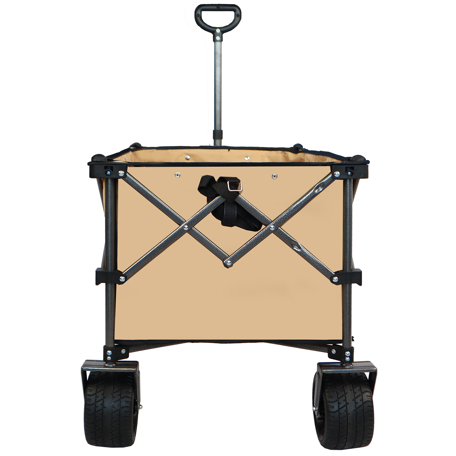 Hands carrying a heavy cooler across sand before the wagon