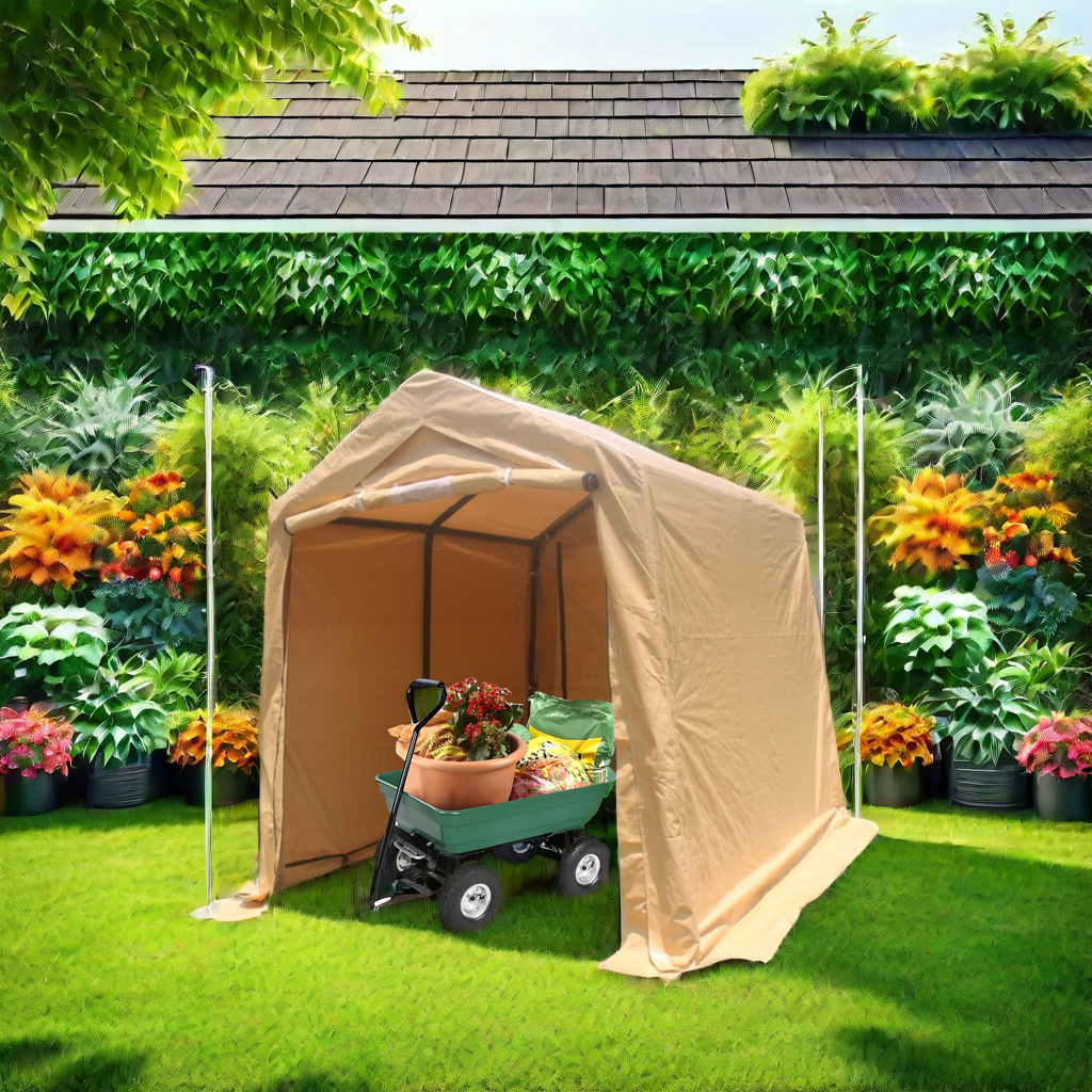 Beige shelter in a garden setting with a loaded green garden cart inside