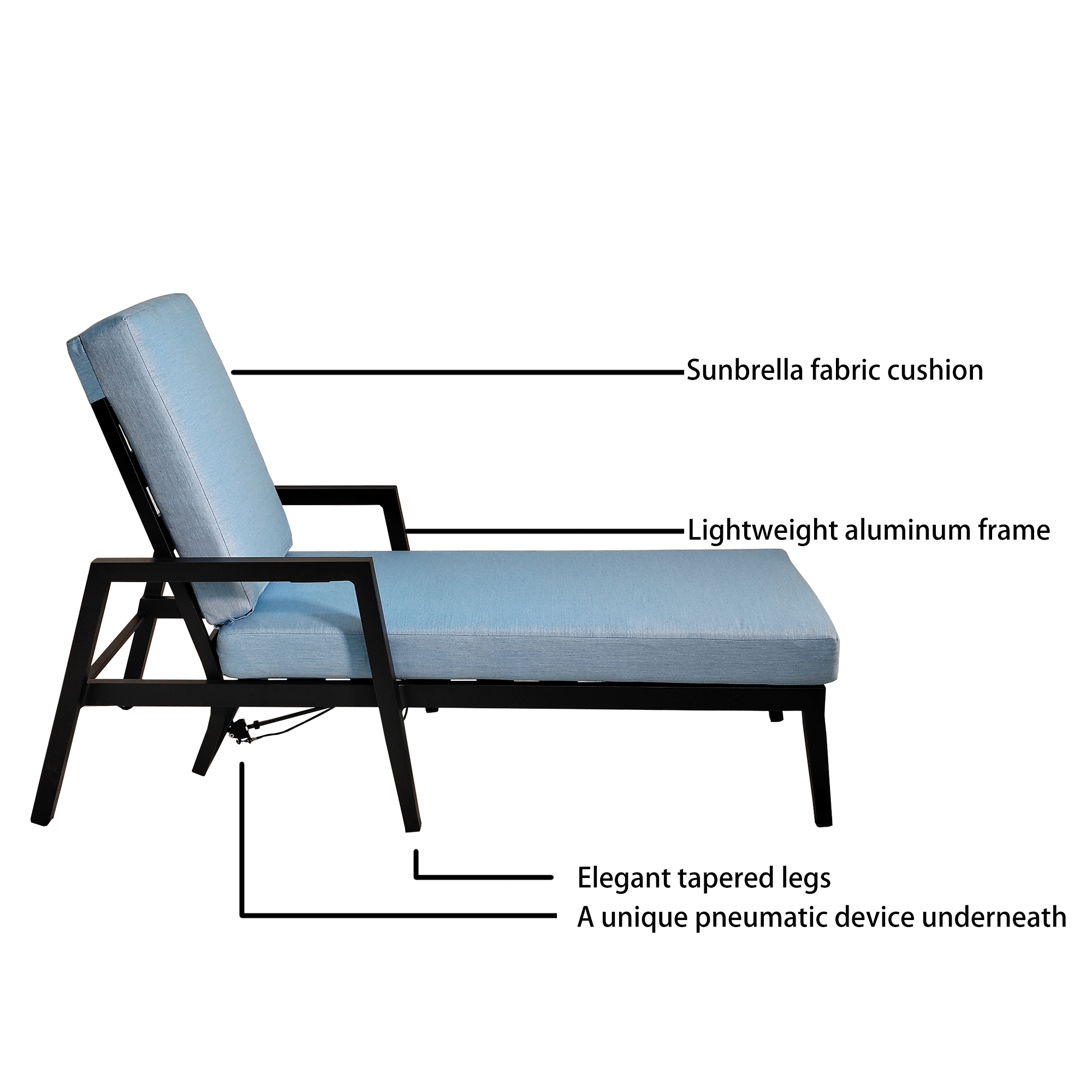 Labeled drawing of chaise lounge frame, cushion, legs and pneumatic device