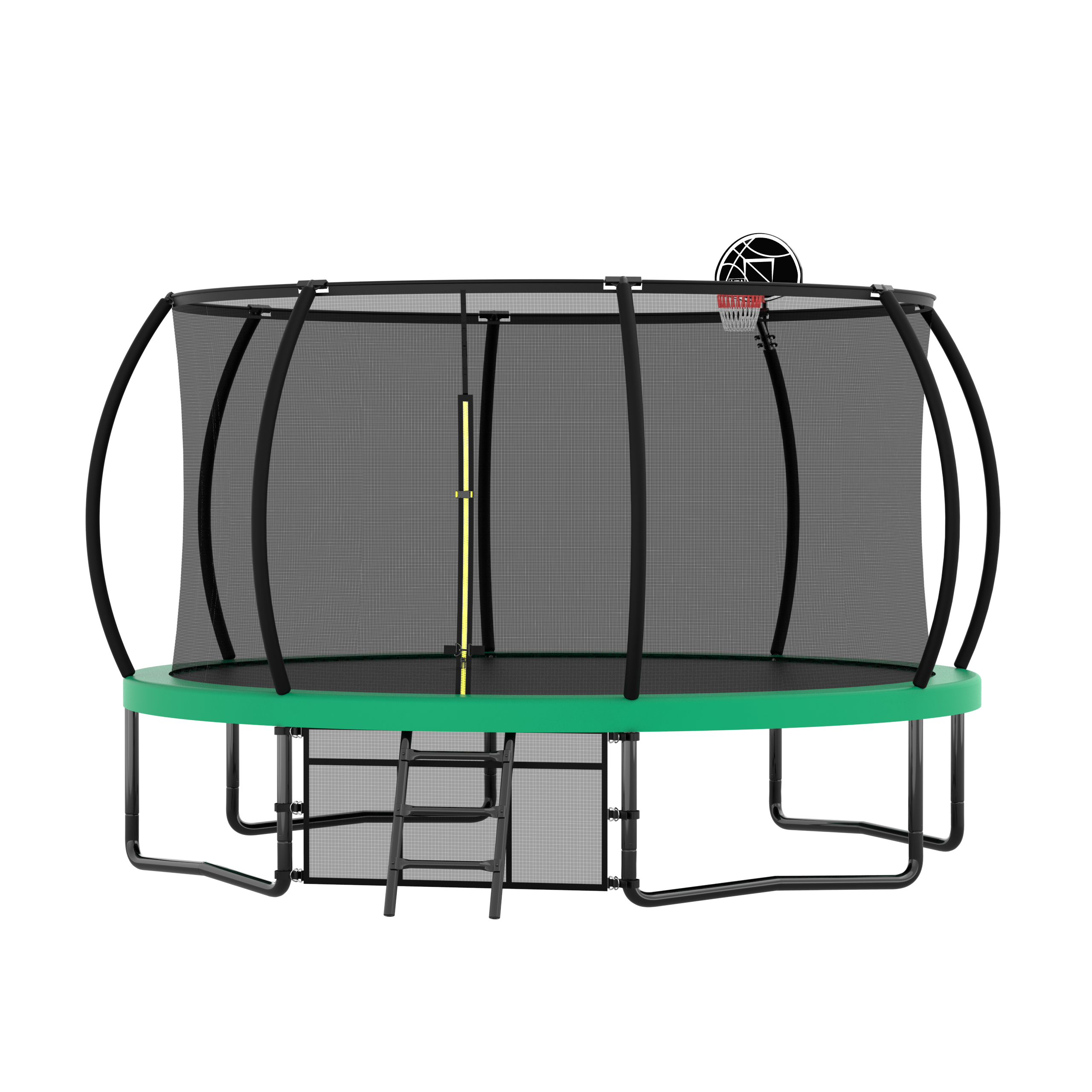 Trampoline with black curved enclosure poles and safety net on a clean background
