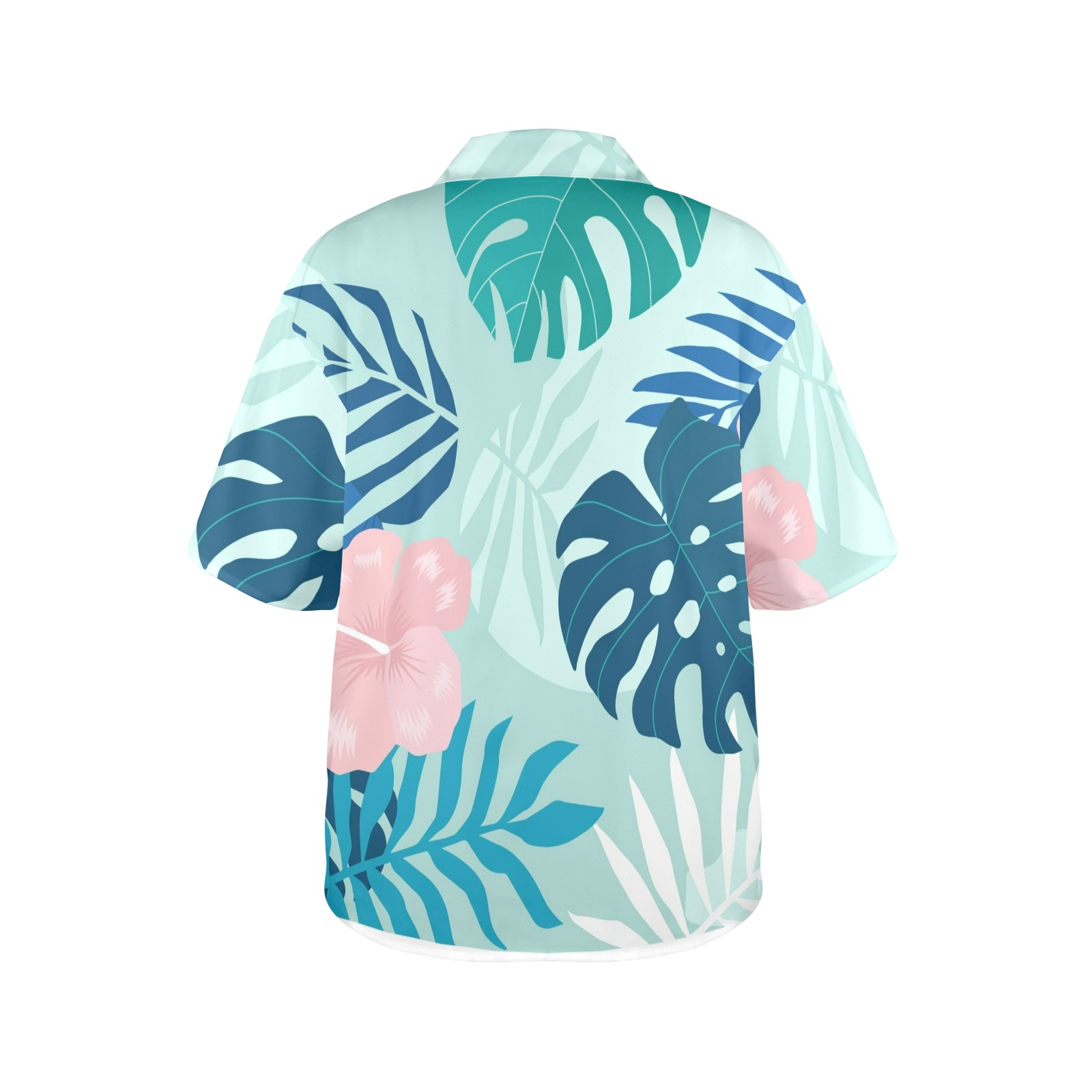 Women's All Over Print Hawaiian Shirt, tropical leaf print, short sleeves, made in USA, for work or leisure