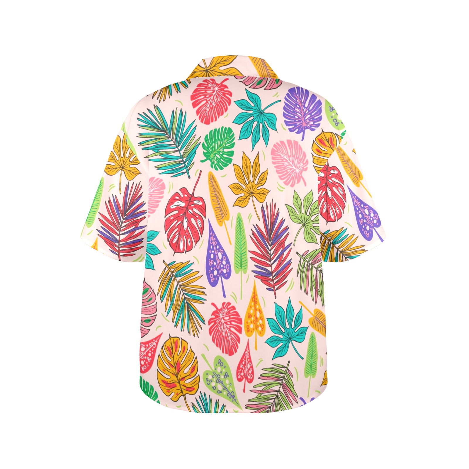 Women's all over print Hawaiian shirt with colorful leaf pattern, short sleeves, loose fit.