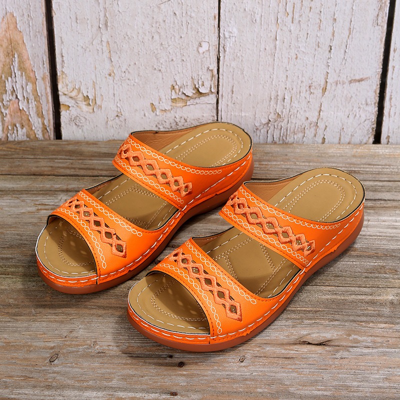 Retro car line anti slip round toe sloping heel comfortable one line sandals for women image 4