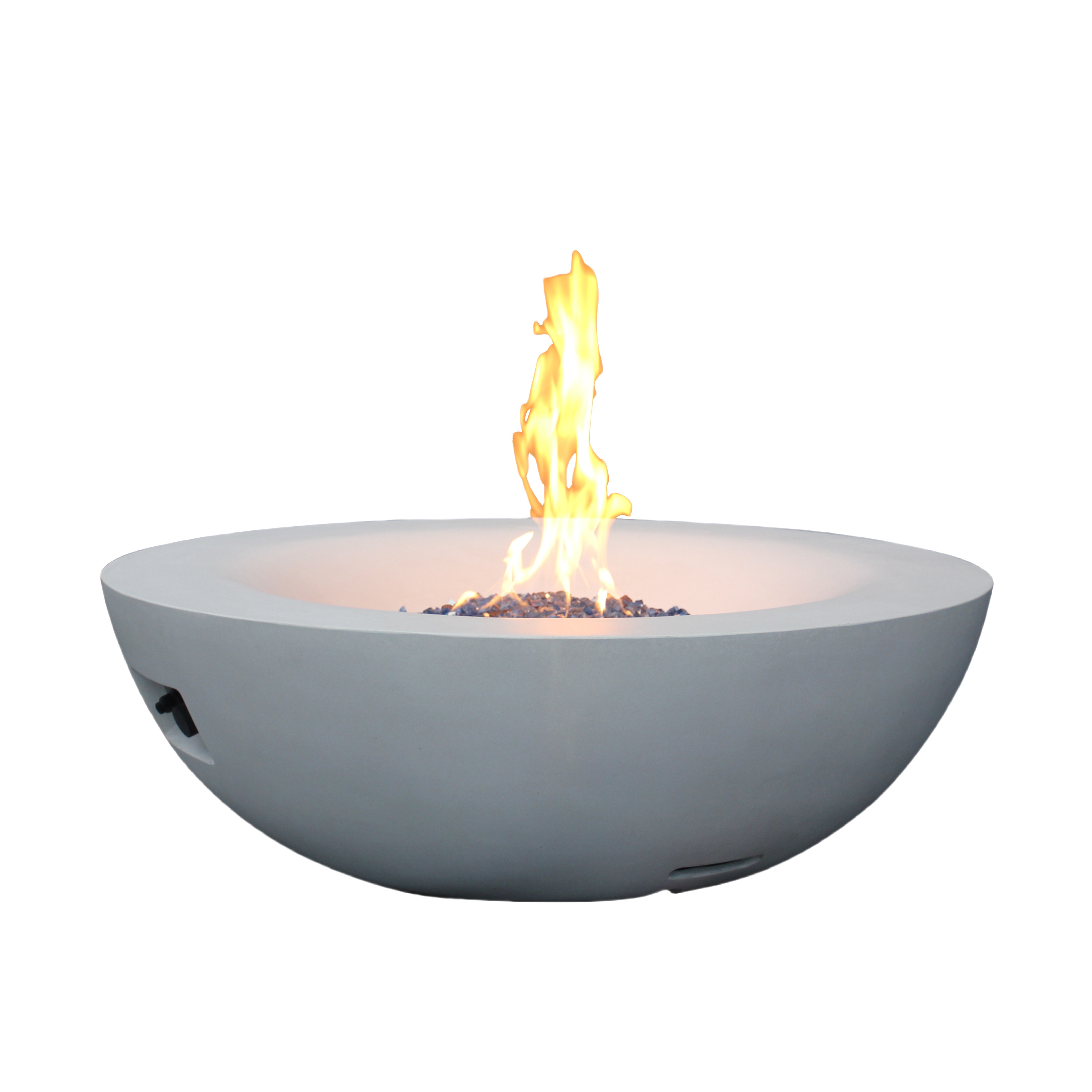 Side profile of concrete fire bowl with a tall flame rising from the center