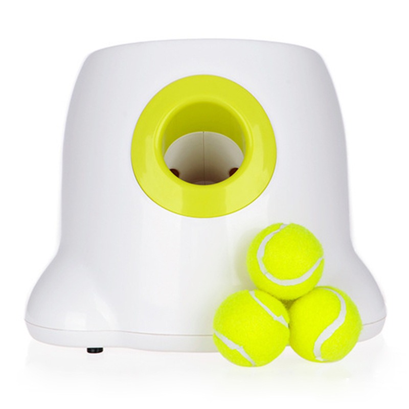 A dog playing with the NioPets automatic ball launcher