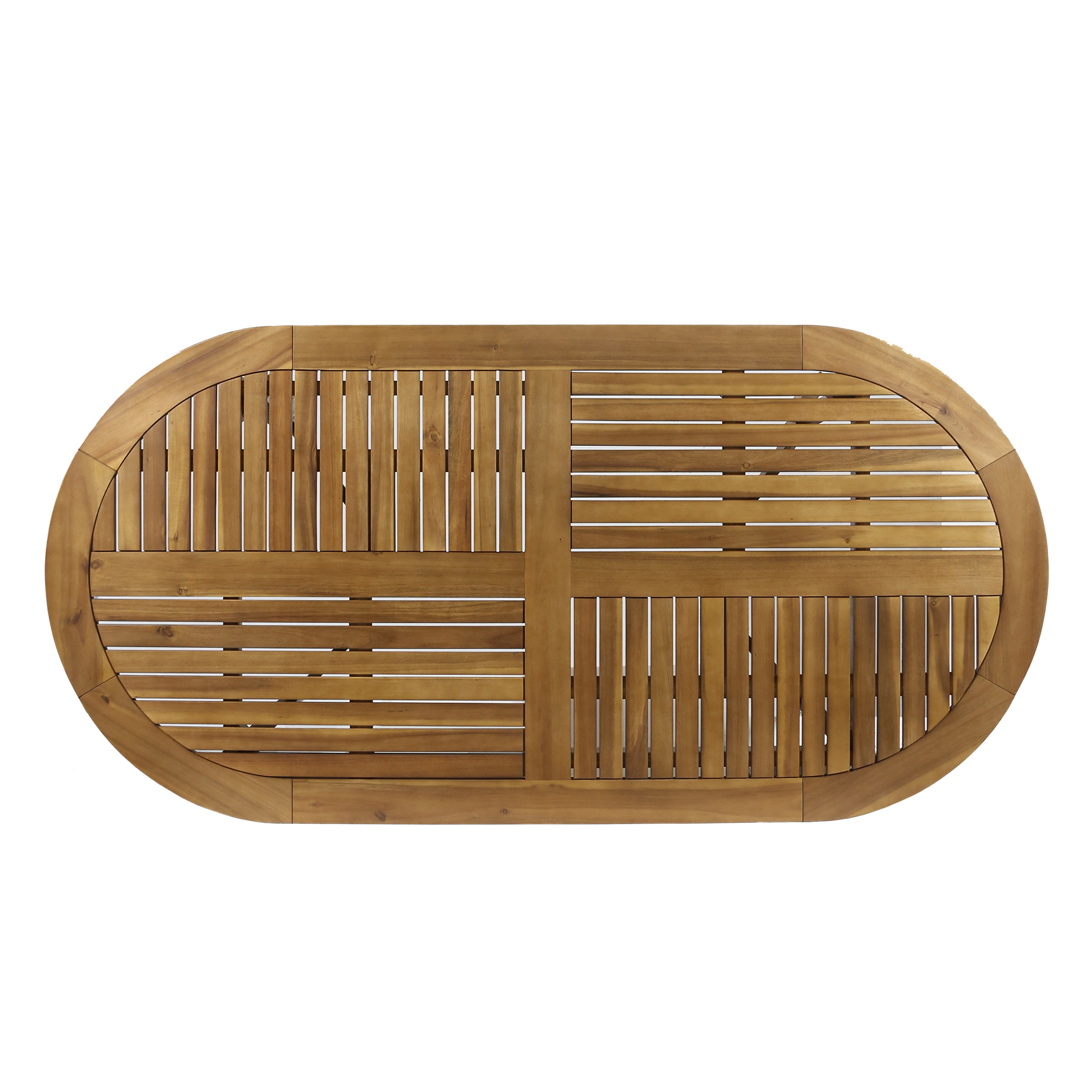 Top-down view of oval acacia tabletop with four-section slat pattern and rounded edges