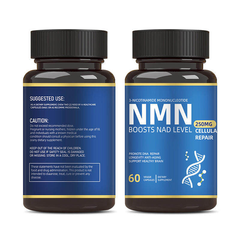 Two bottles shown front and back: front displays NMN branding with DNA helix and 250mg label; back shows suggested use instructions, caution warnings, and FDA disclaimer in white text on blue band