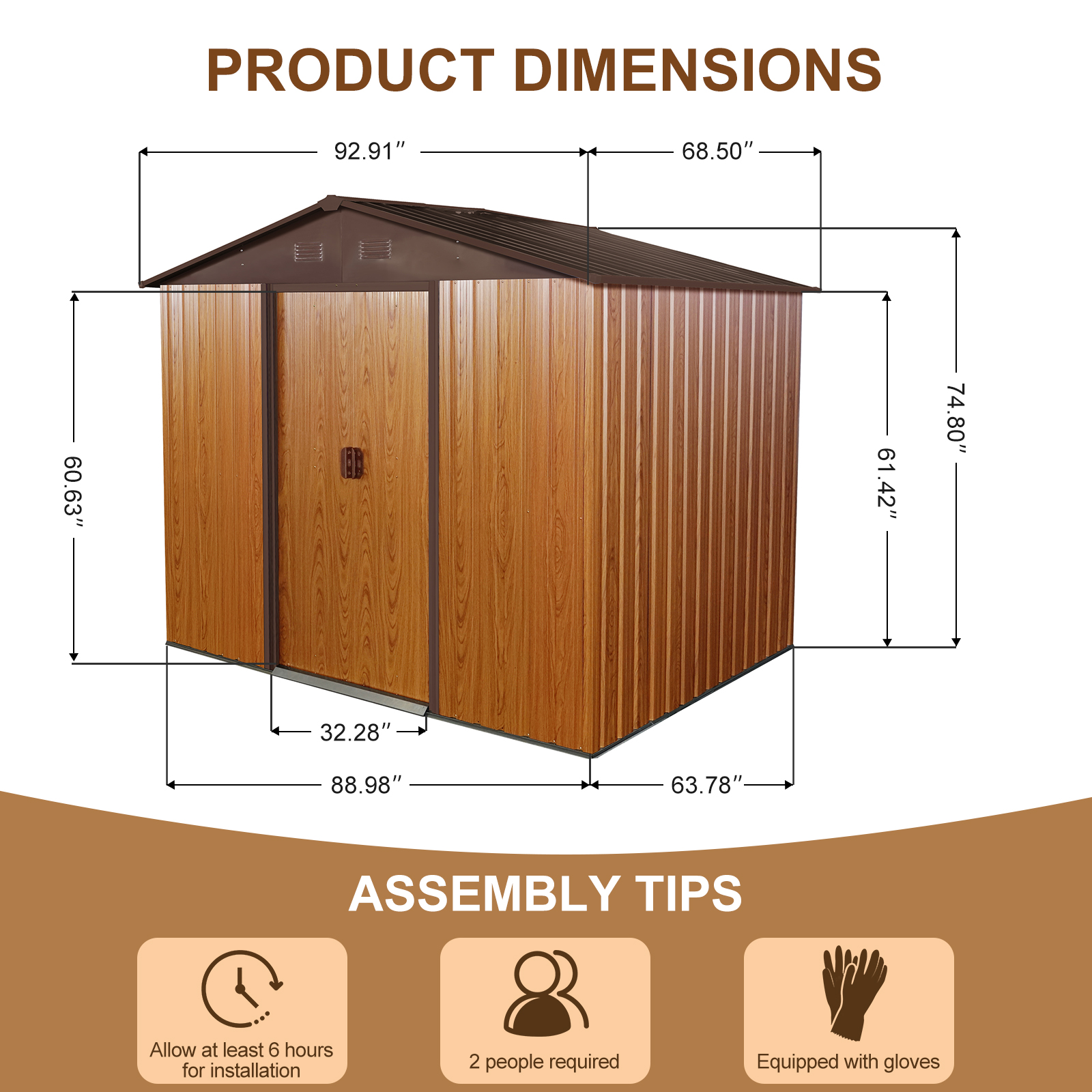 Shed dimensions diagram with measurements and assembly requirements