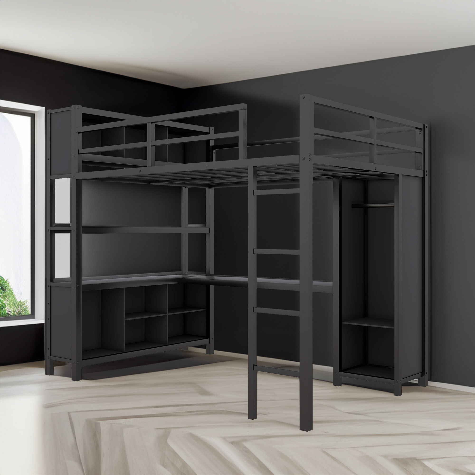 Compact bedroom where bed, desk and storage compete for floor space