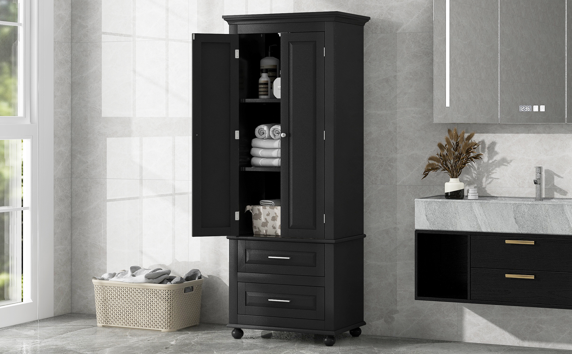 Cabinet doors open showing towels and toiletries on shelves