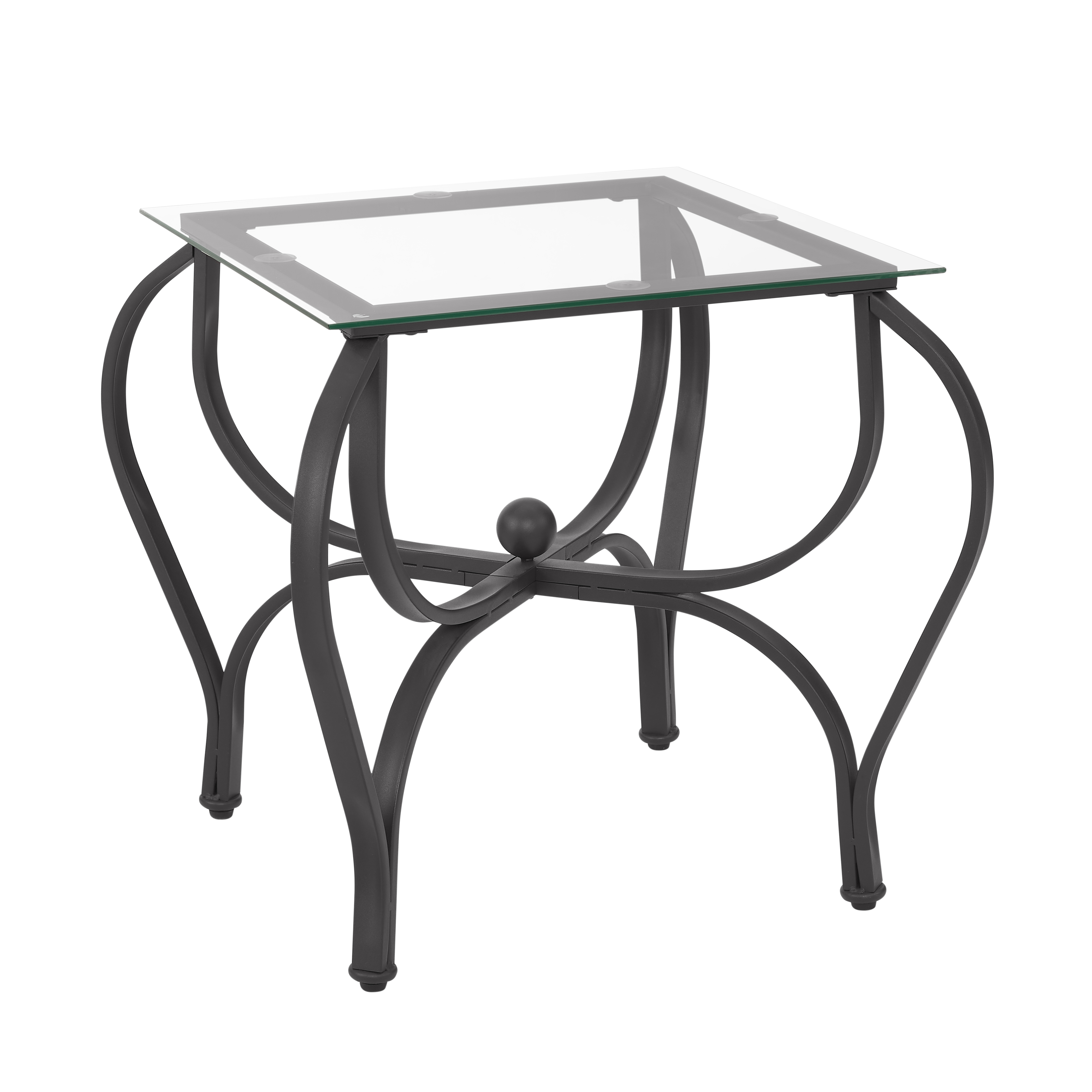 Square black end table with glass top on white background