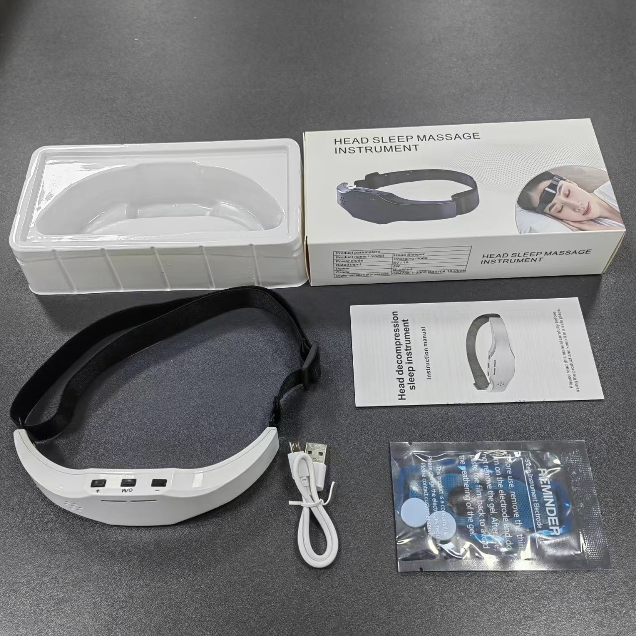 EMS sleep headband folded compactly with travel pouch, emphasizing 52g featherlight design