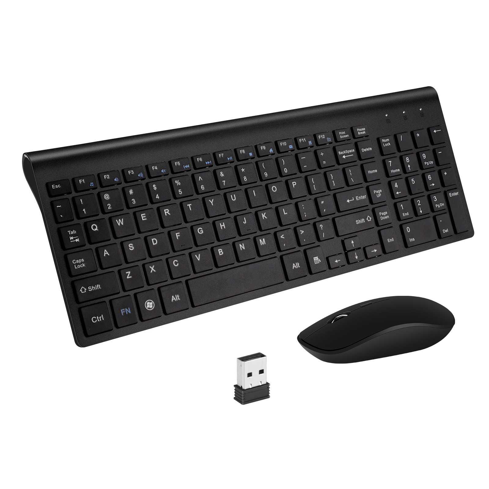 All-black wireless keyboard and mouse kit with USB receiver on white