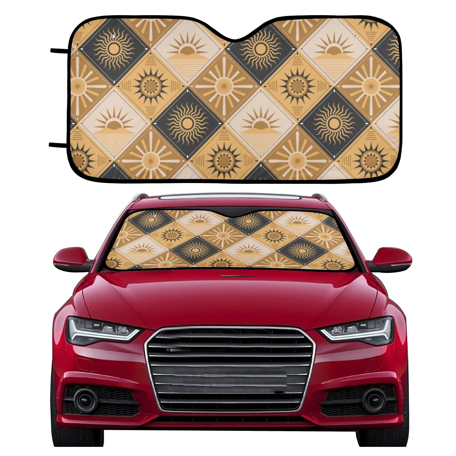 Auto Sun Shade protecting car windshield from sun damage. Features a geometric pattern, blocks UV rays.
