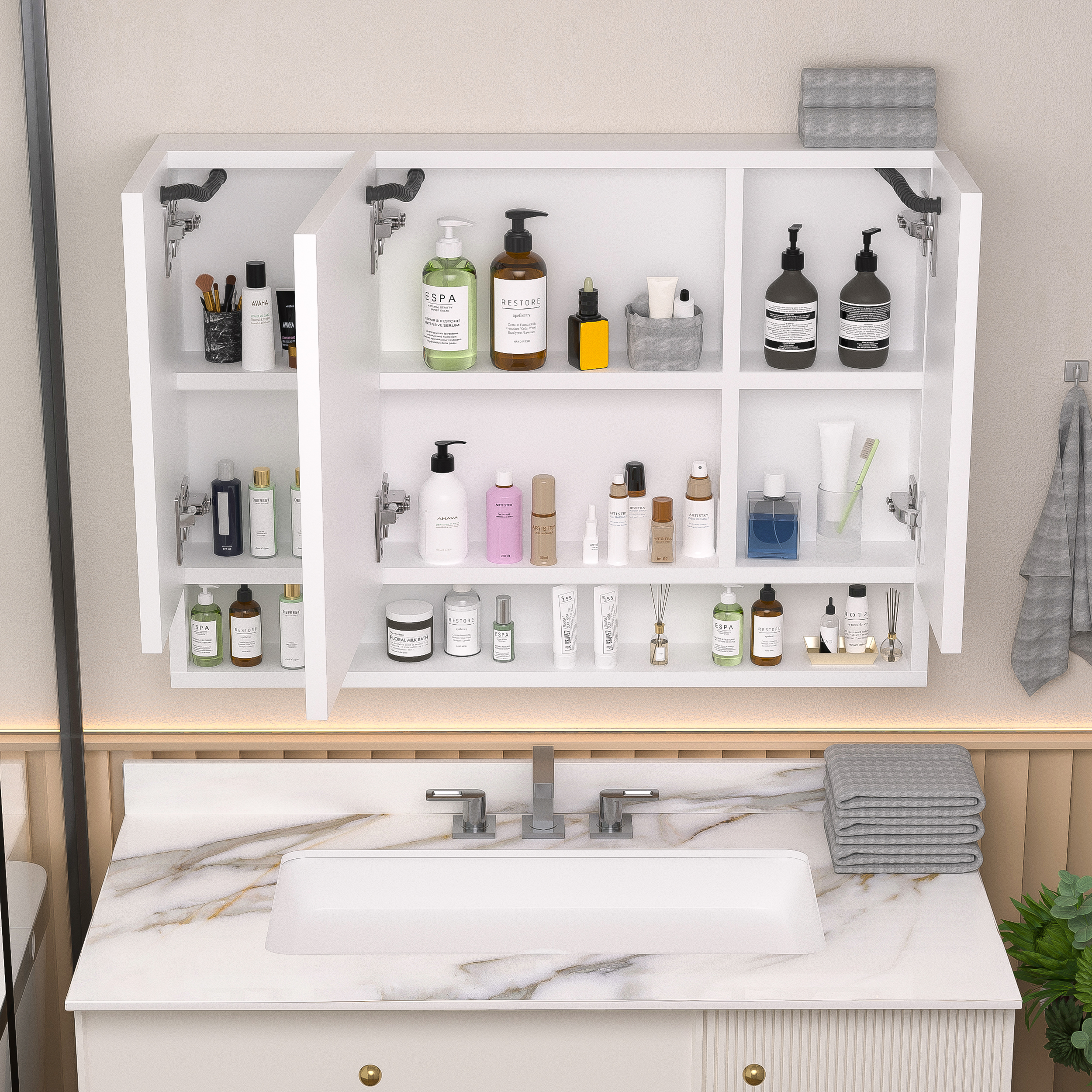 Open mirror cabinet interior with shelves full of skincare products