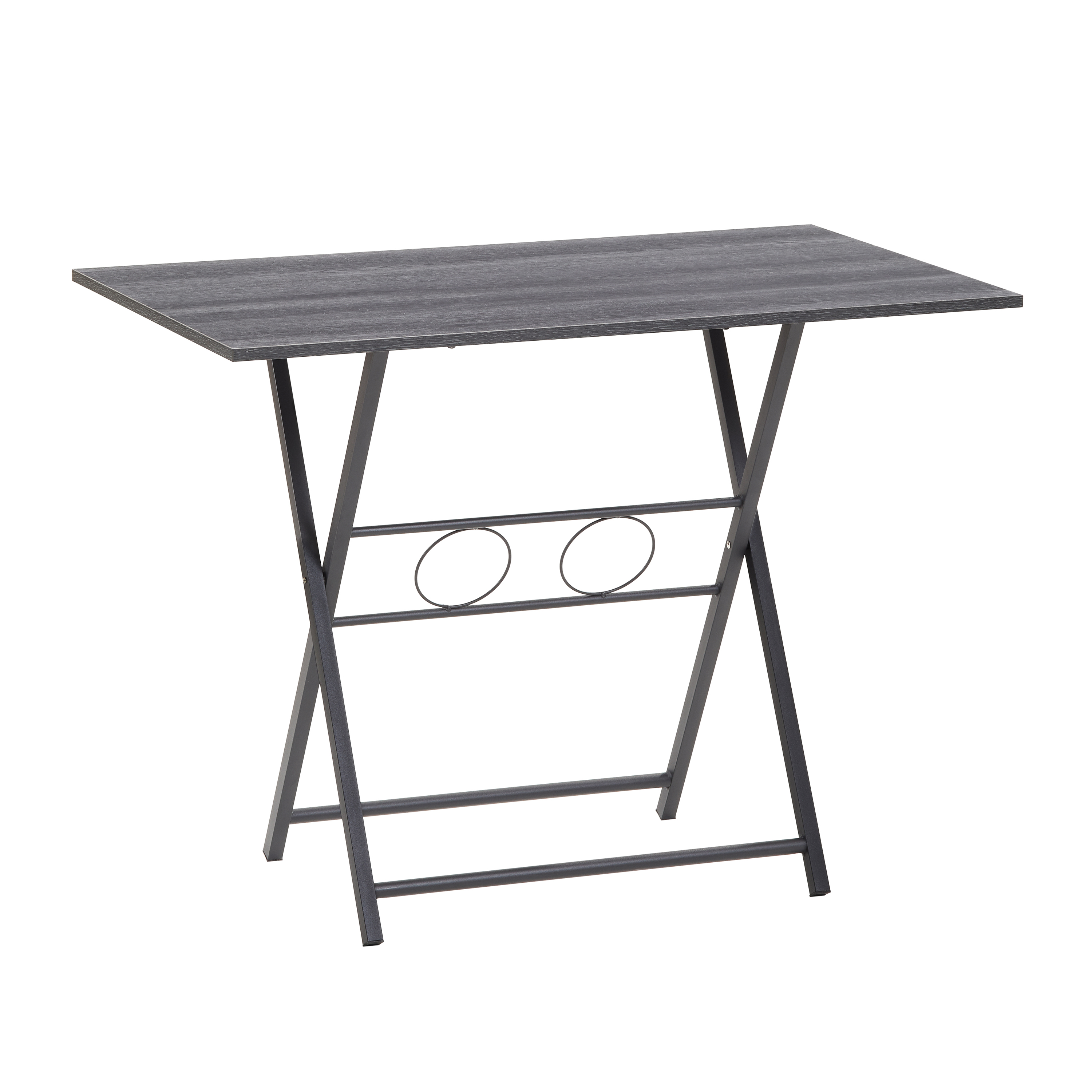 Studio shot of the charcoal foldable desk with X-frame legs