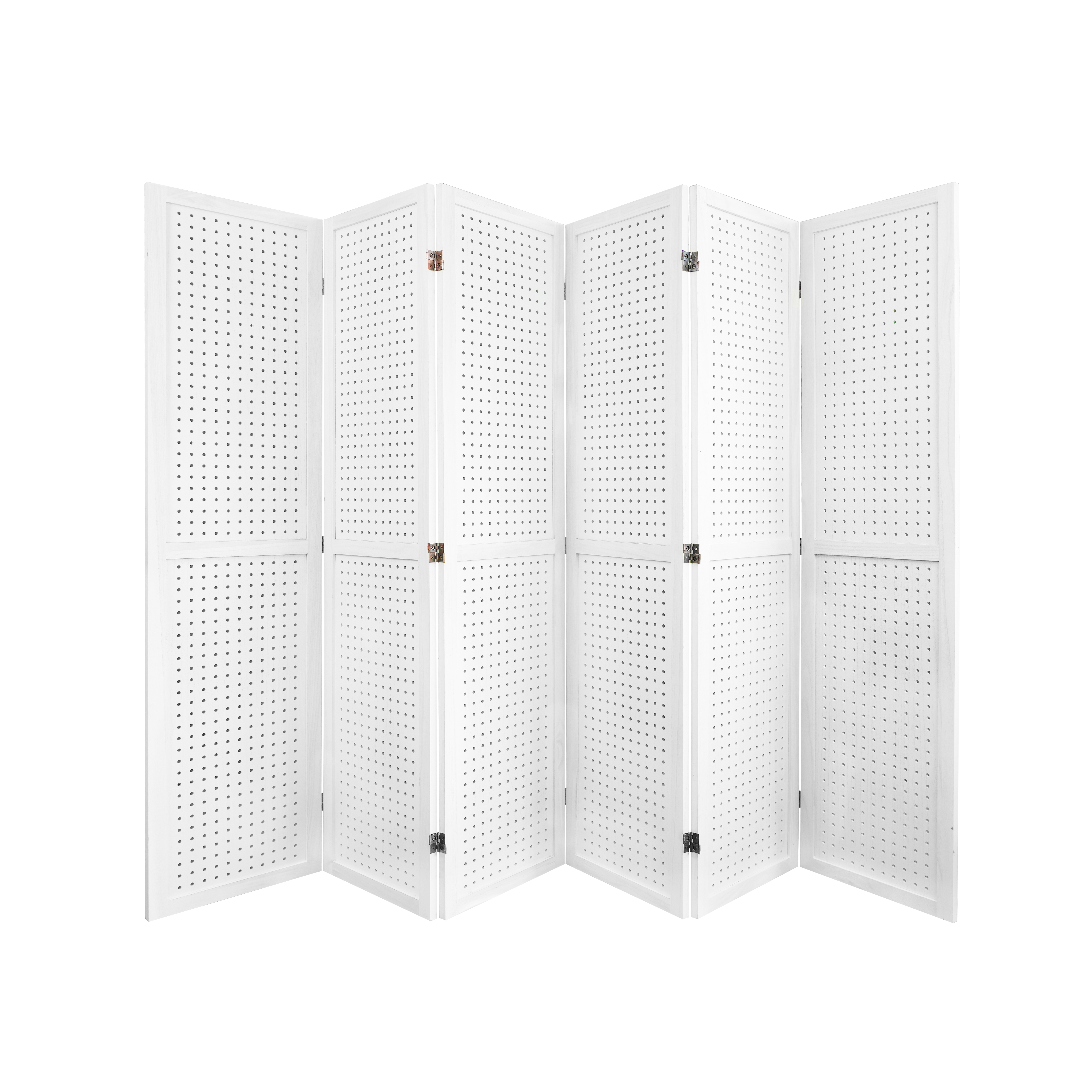 Six white framed panels with metal hinges unfolded