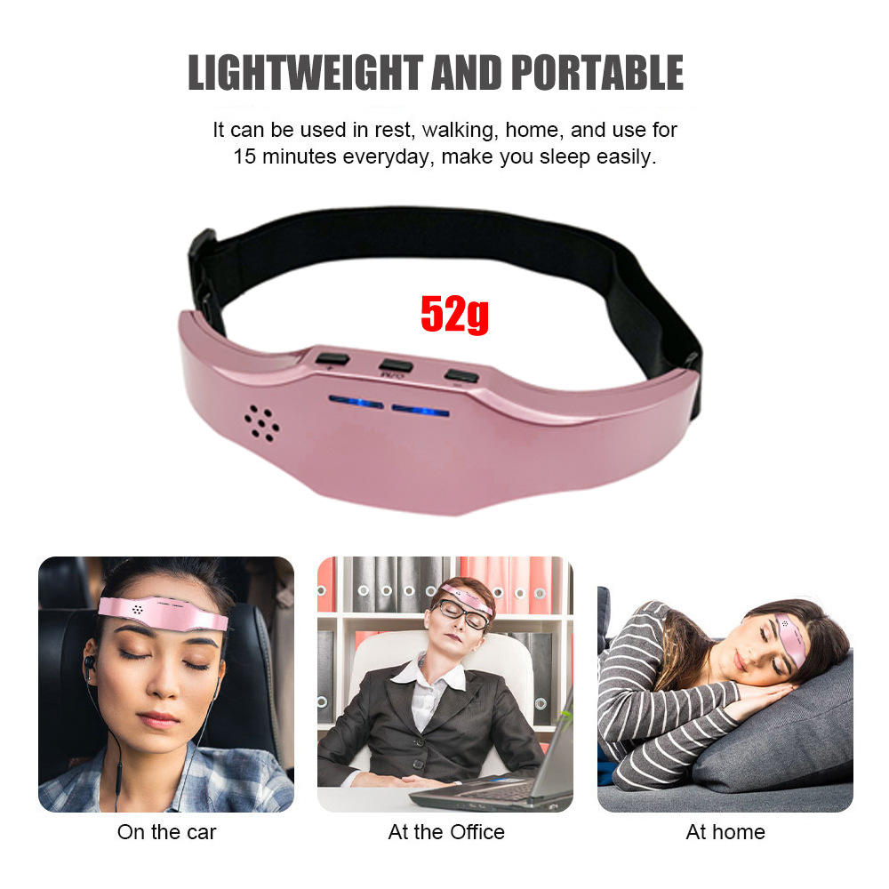 EMS sleep headband on pale celadon ceramic surface with mint leaves, showcasing lightweight design and portability
